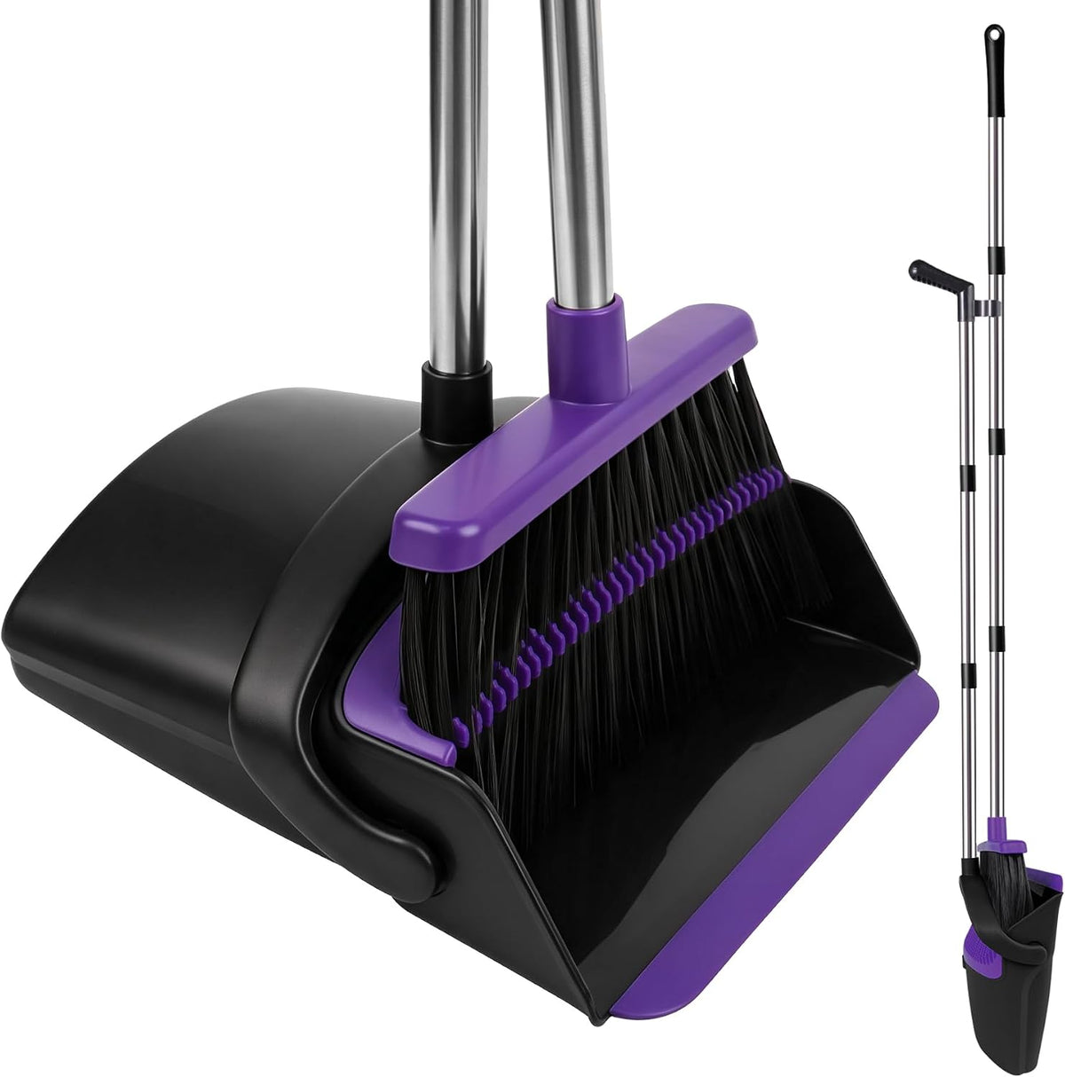 Broom and Dustpan Set, 51" Long Handle Broom with Built-In Comb - Purple