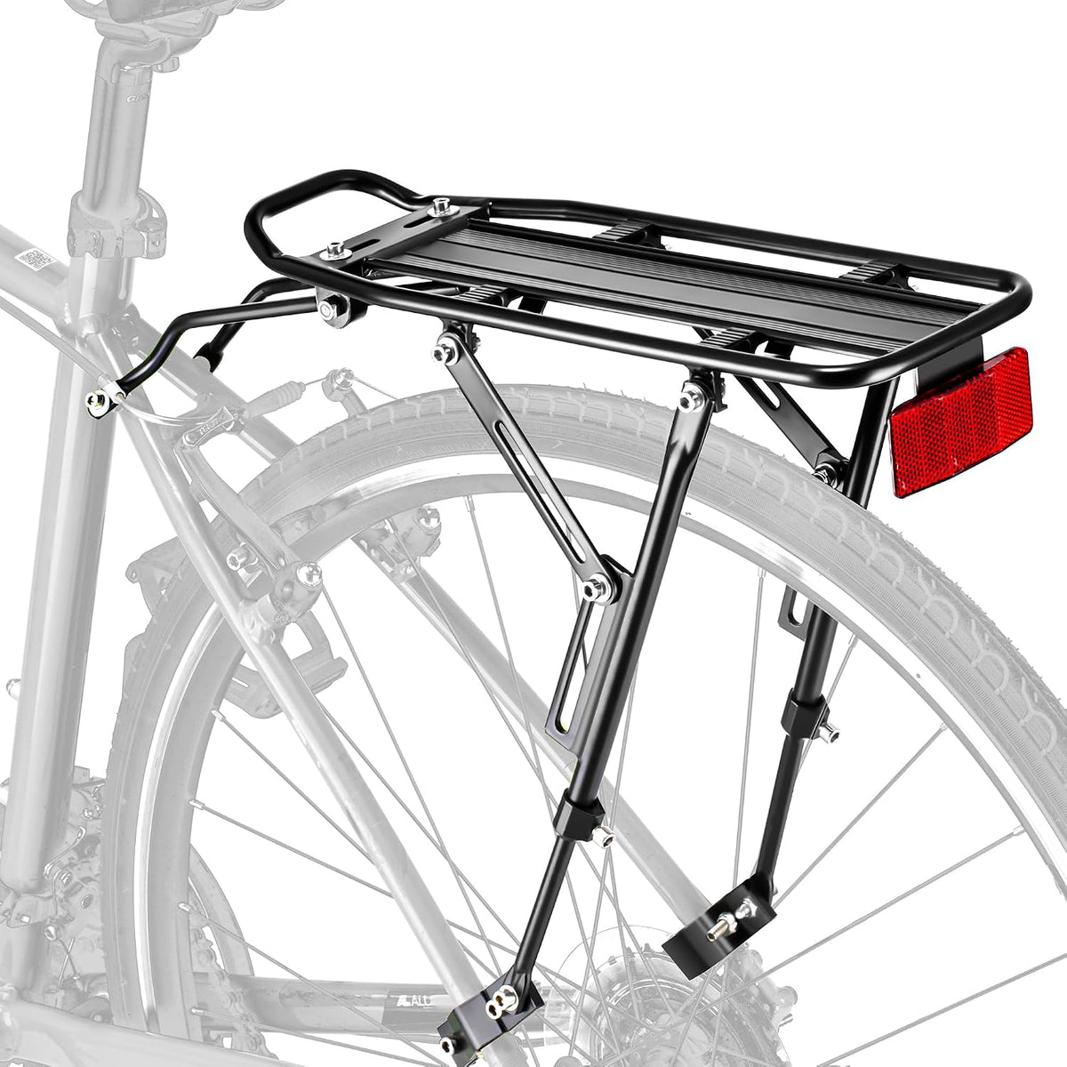 Rear Bike Rack with Large Size Reflective,Bike Cargo Rack with Extra Long Mounting Brackets,Universal Adjustable Touring Carrier Rack,Large Capacity Bike Pannier Rack