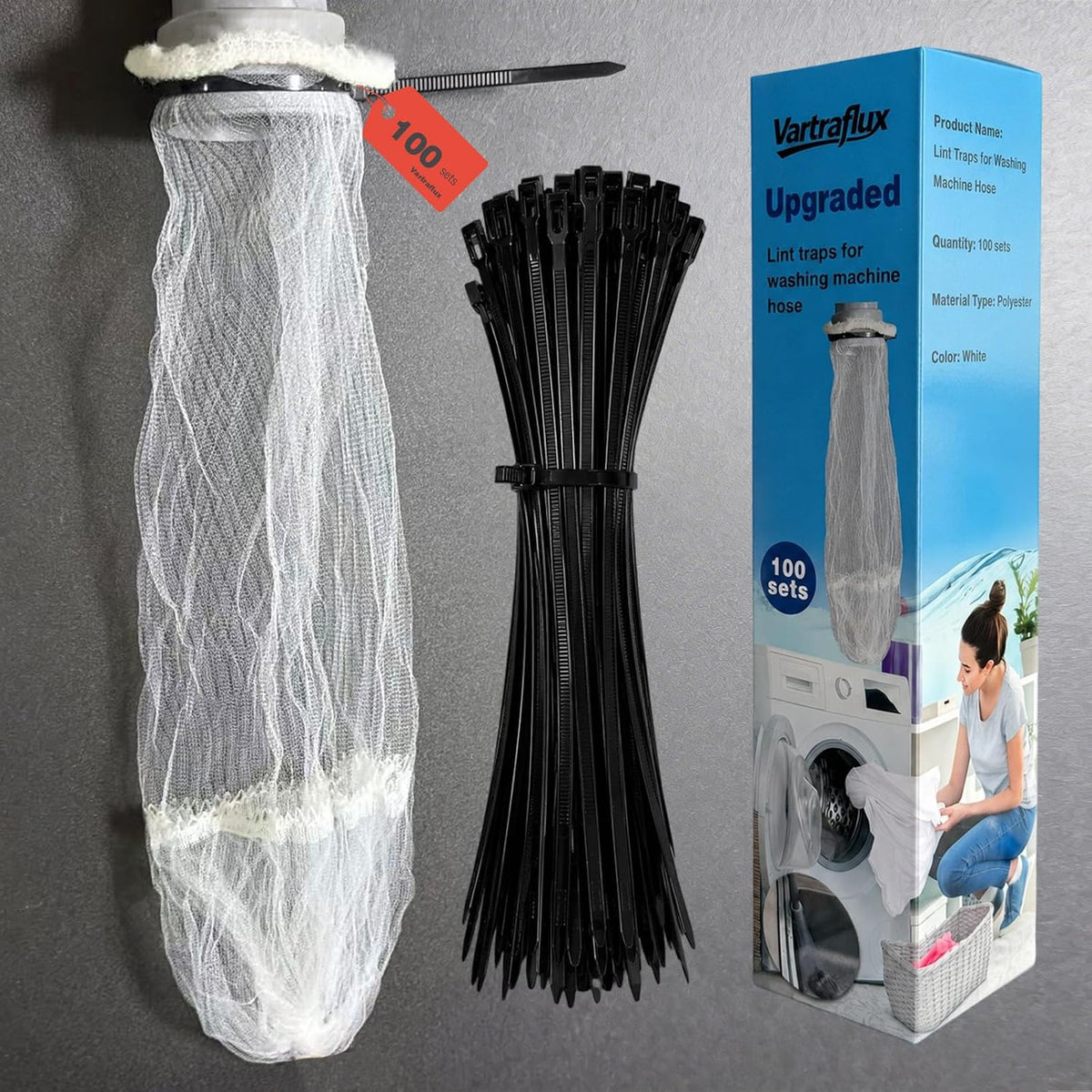 100 Pack Washing Machine Hose Lint Traps with Cable Ties, Drain Filter Bags