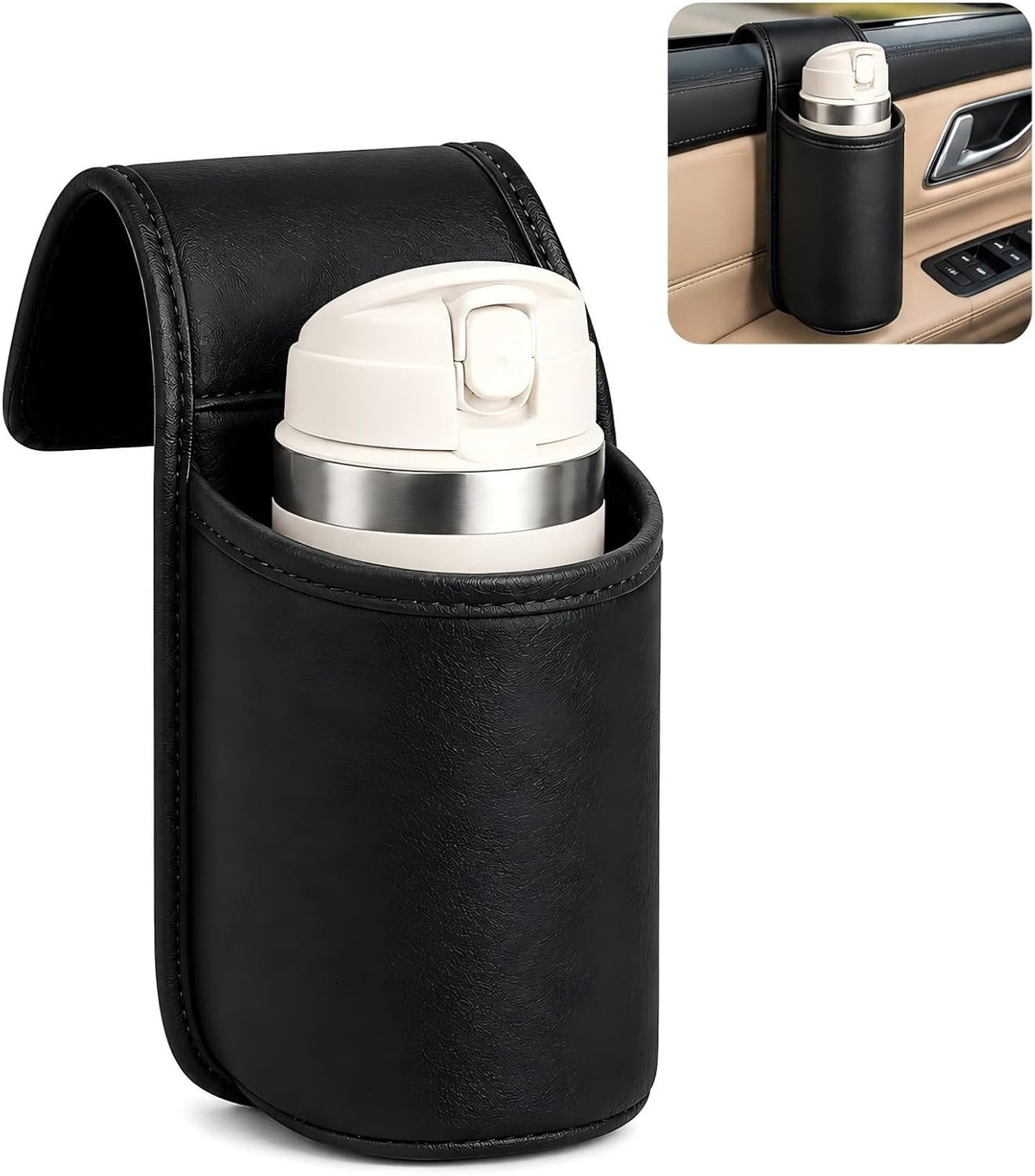 Leather Car Cup Holder Organizer | Anti-Sag Clip on Drink Cupholder for Back Seat, Car Side Door, Headrest | Wide-Mouth Organizer for Drinks & Phone