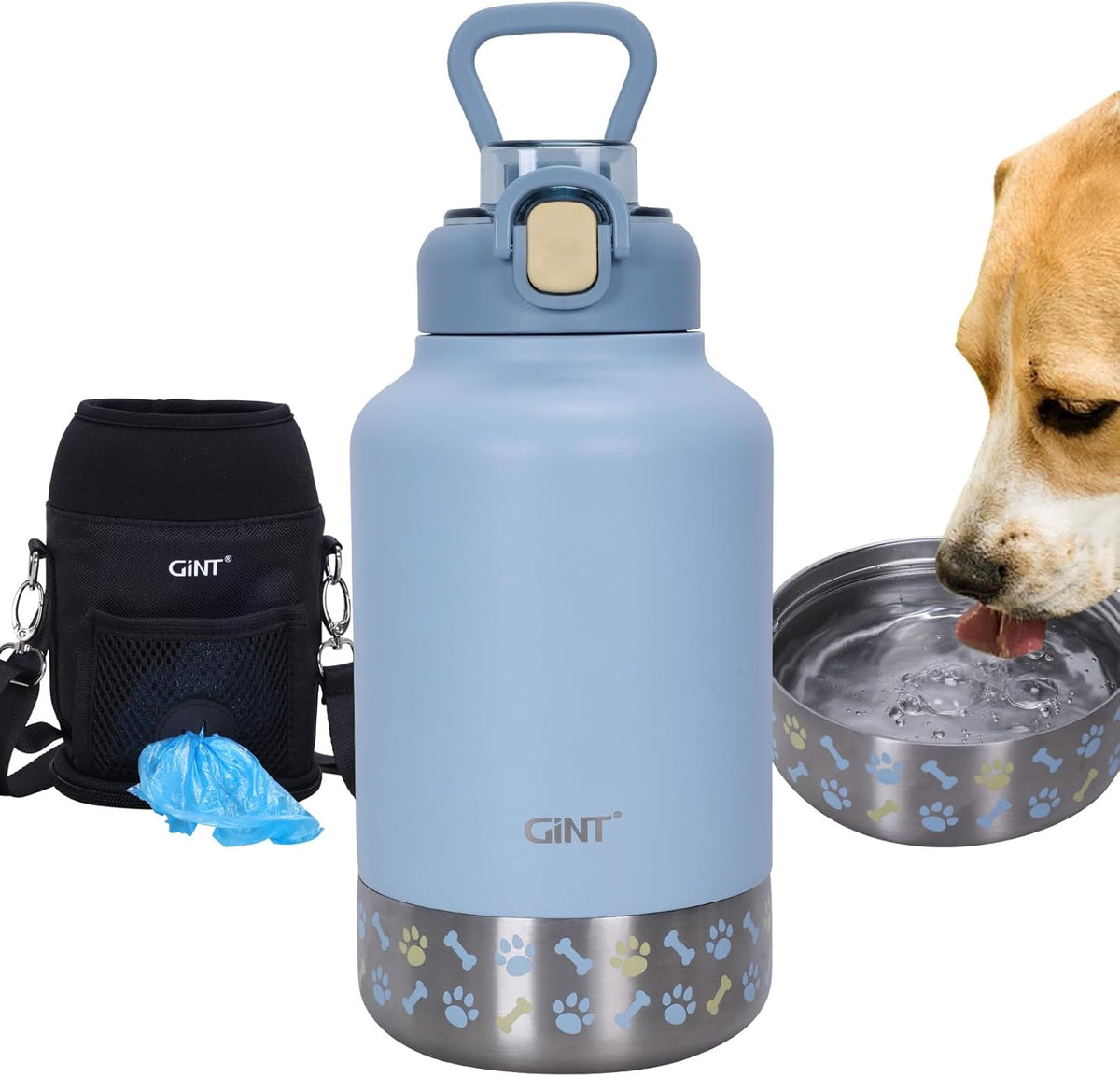 Gint 37Oz / 1.1L Insulated Dog Water Bottle with Carrying Case, (Blue)