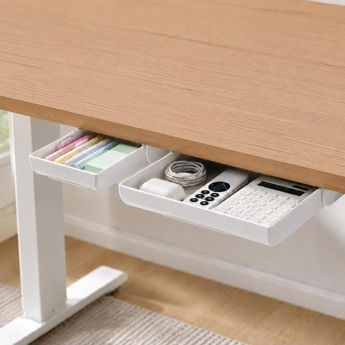 YOOUSOO under Desk Drawer Organizer, 2 Pack Self Adhesive Slide Out Desk Storage Drawers, Hidden Desk Drawer Attachment for Pens, Notes, Cables, Earbuds and Small Office Accessories