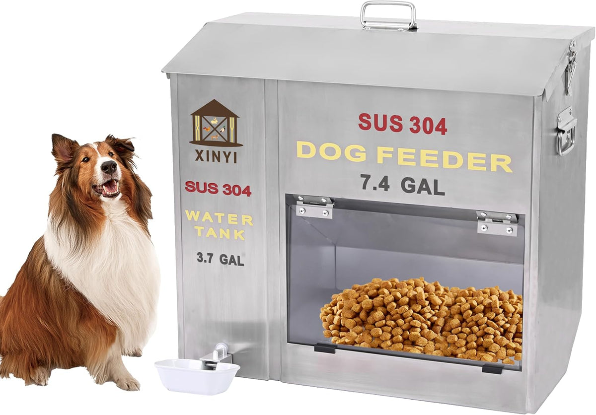 Xinyi Stainless Steel Dog Feeder and Waterer 2-In-1, Gravity Dog Feeder, Aluminum Alloy Water Cup, Automatic Feeder Waterpoof and Sturdy, Transparent Acrylic Observation Window, 7.4 Gallon