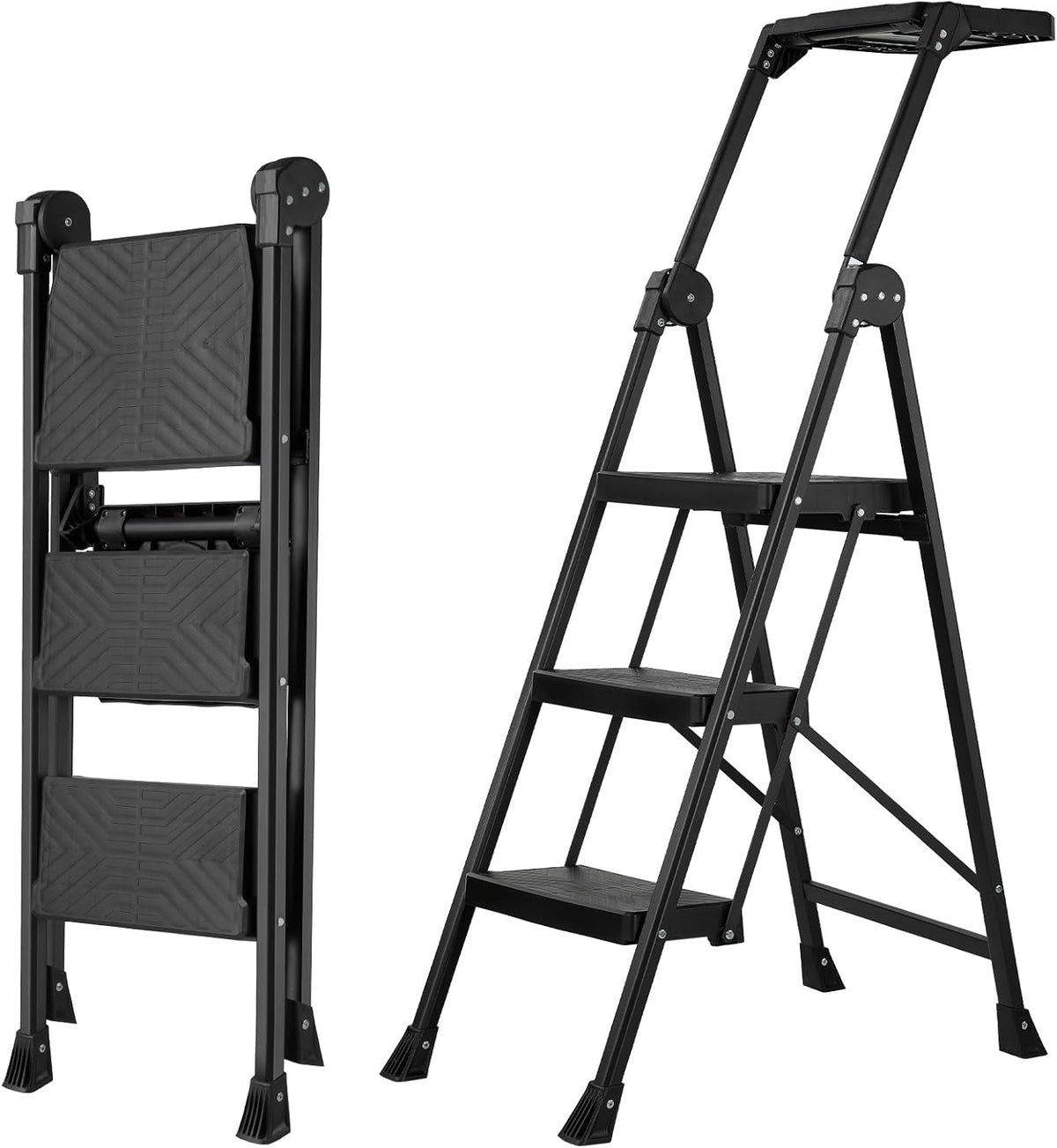 Xinsunho 3 Step Stool, Heavy Duty Steel with Foldable Handrail & Tool Tray