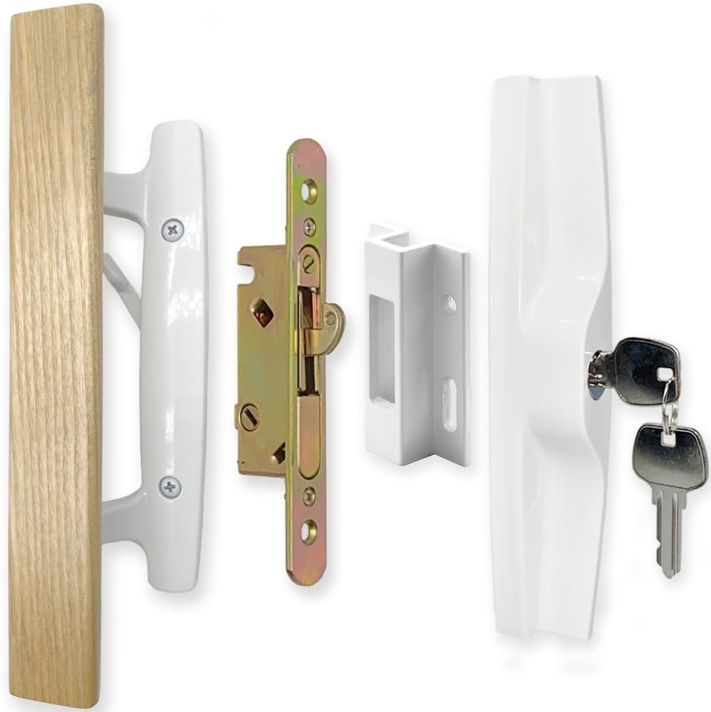 Patio Sliding Patio Door Handle Set with Mortise Lock, Key Cylinder and Keeper, Wood Handle Lock Set Fits Door Thickness from 1-1/2" to 1-3/4", 3-15/16" Screw Hole Spacing, Keyed, White (Black)