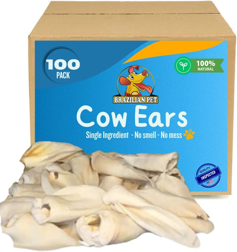Brazilian Pet 100% Natural Real Cow Ears (100 Pack) Prime Dog Chews, over 5 Inches Free Range Grass Fed Cattle, No Additives, Chemicals or Hormones