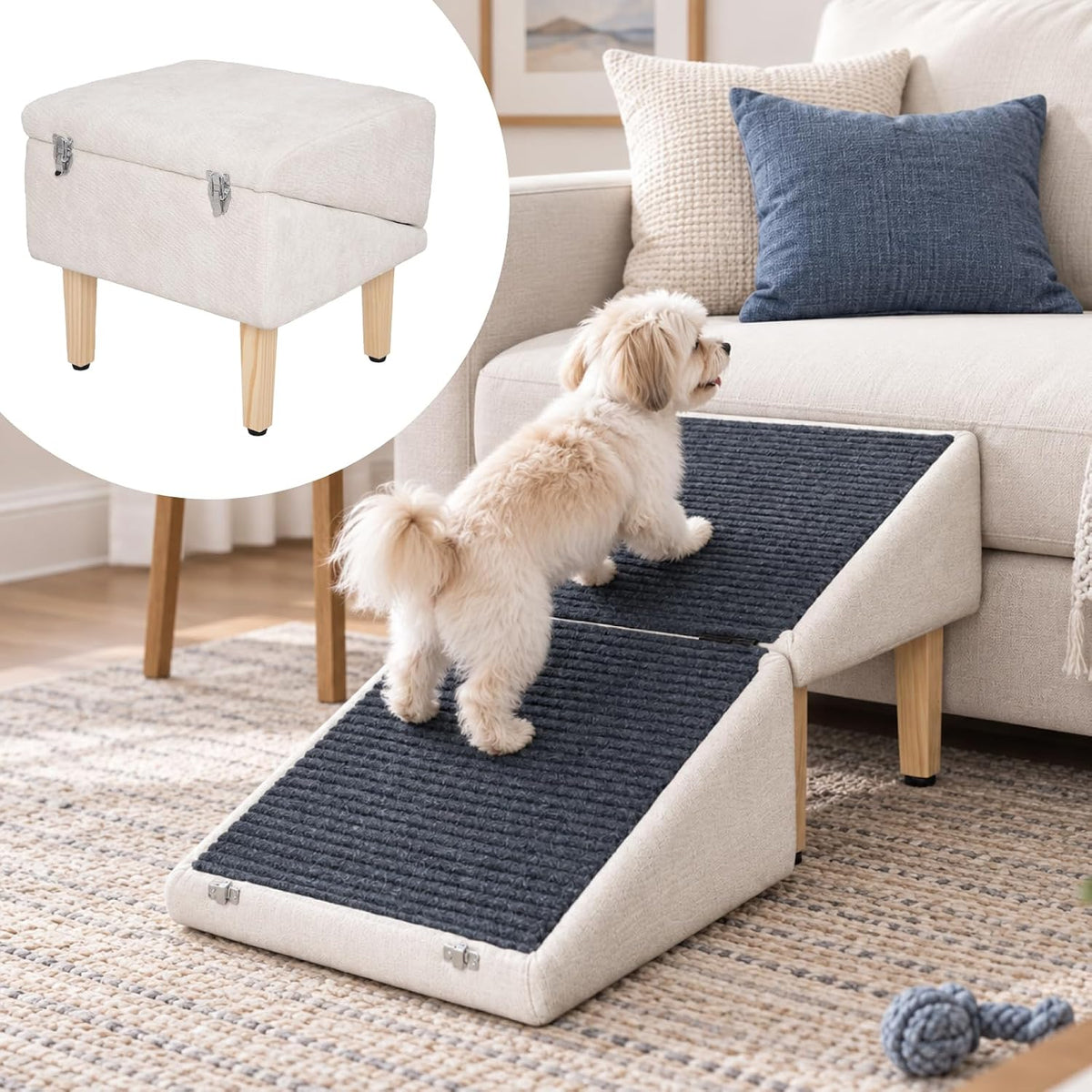 Dog Ramp Ottoman for Couch and Bed, Extra-Wide Platform with Storage