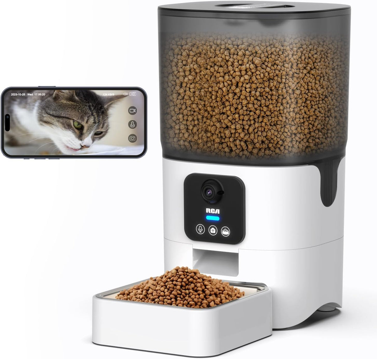 RCA Smart Automatic Pet Feeder with 1080P HD Camera, Wifi App Controlled Cat & Dog Food Dispenser with Two-Way Audio, Motion Detection, Night Vision, Portion Control, Alexa Compatible Feeder