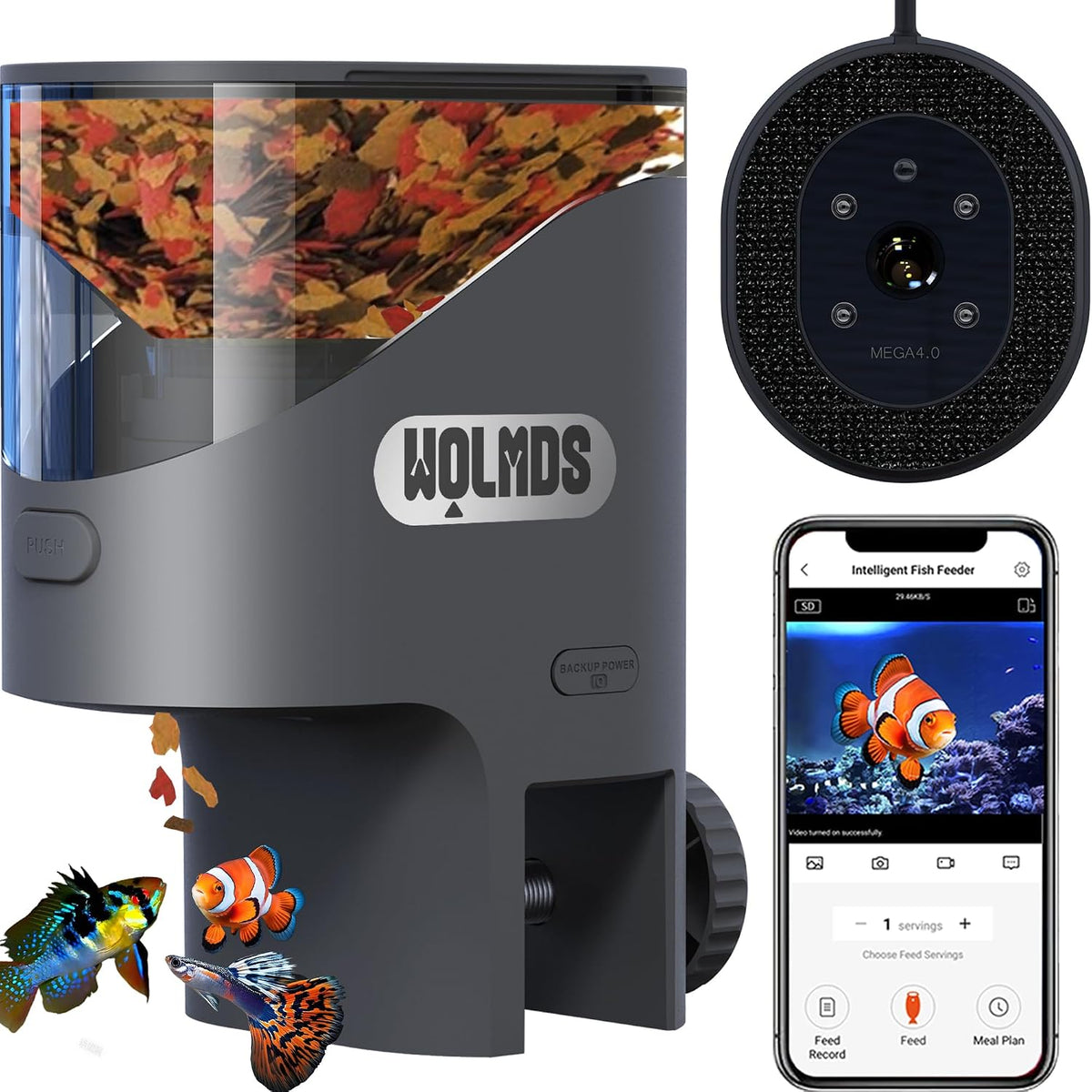 Wifi Automatic Fish Feeder for Aquarium, Flakes Food Dispenser with Camera