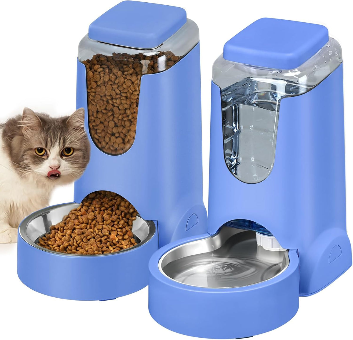 HWONMTE Portable Automatic Cat Feeder and Water Dispenser with Stainless Steel Bowl Dog Gravity Food Feeder and Waterer for Small Medium Pets Puppy Kitten 1 Gallon X 2 (Cream Yellow)