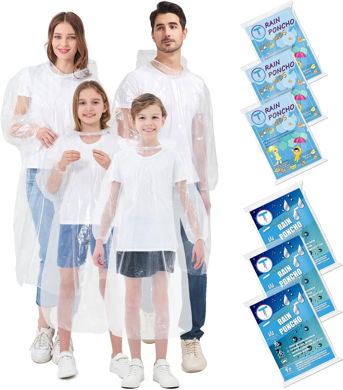 TUNCHMO Disposable Rain Ponchos for Adults & Kids 4/6/10 Pack Extra Thick