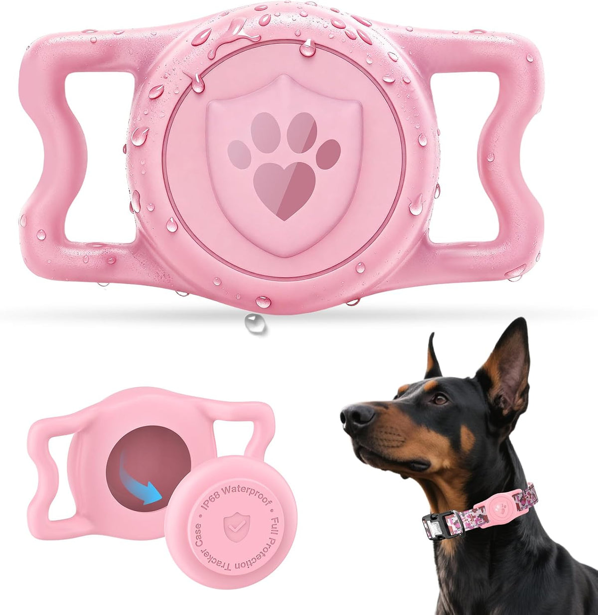 IP68 Waterproof Airtag Holder for Dog Collar, Silicone, Pink