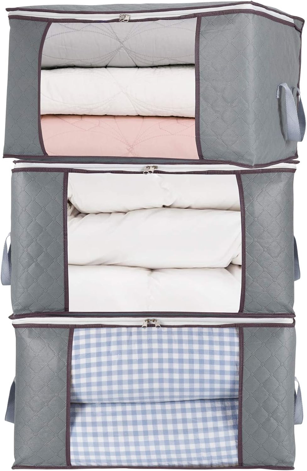 Combocube 3Pcs Zippered Storage Bag for Closet King Comforter, Pillow, Quilt, Bedding, Clothes, Blanket Organizers with Large Clear Window & Carry Handles Space Saver