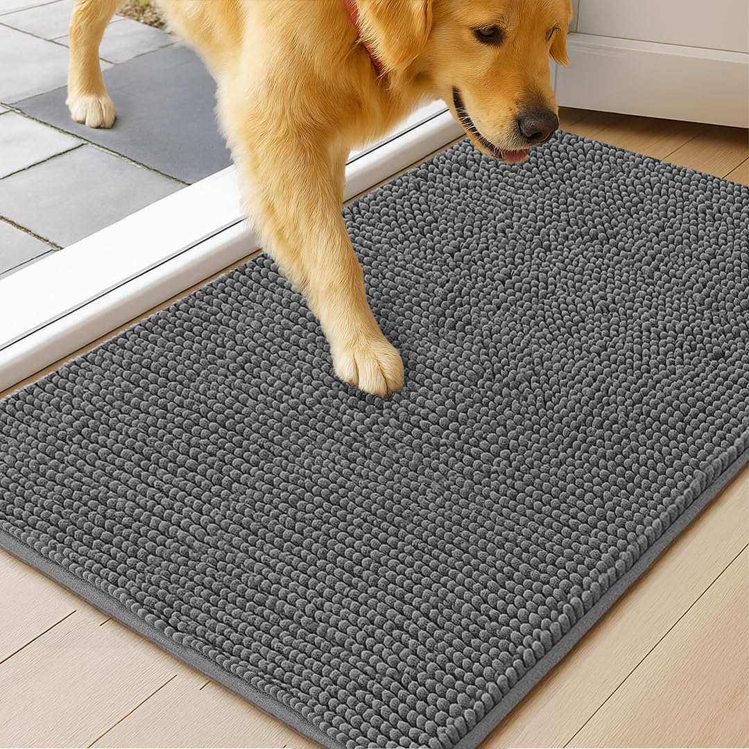 MUDGUARD MAT® Dog Door Muddy Mat for Muddy Paws, Super Absorbent Microfiber, Non-Slip Indoor Mat, Quick-Dry Chenille Carpet for Pets & Entryway, Machine Washable, Grey 19" X 30"