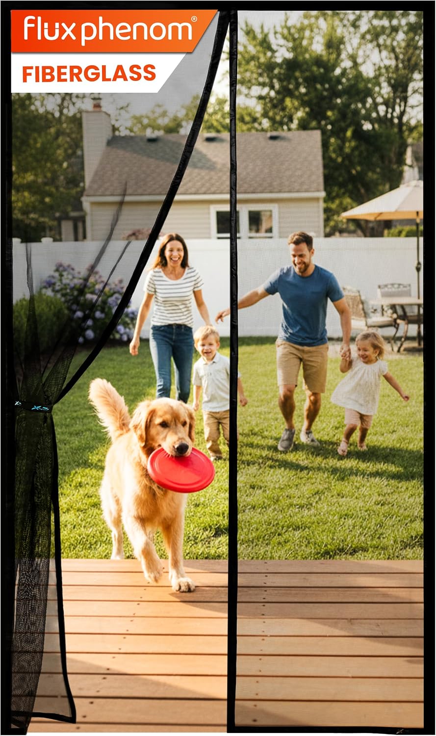Flux Phenom Heavy Duty Fiberglass Magnetic Screen Door 38 X 82 Inch - Bugs Out, Breeze in - 9Min Install Auto-Sealing Double Stitched Mesh, 52 Magnets, Hands Free for Patio Doors, Pet & Kid Friendly