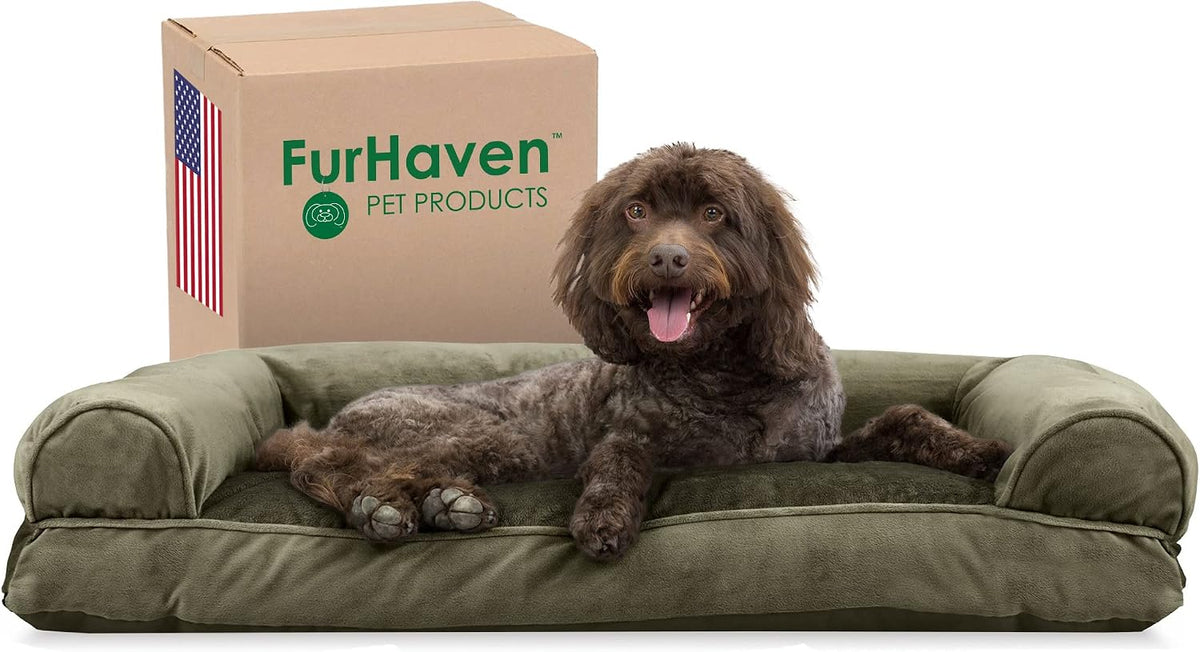 Furhaven Pillow Dog Bed for Large/Medium Dogs W/ Removable Bolsters & Washable Cover - Faux Fur & Velvet Sofa - Dark Sage, Large