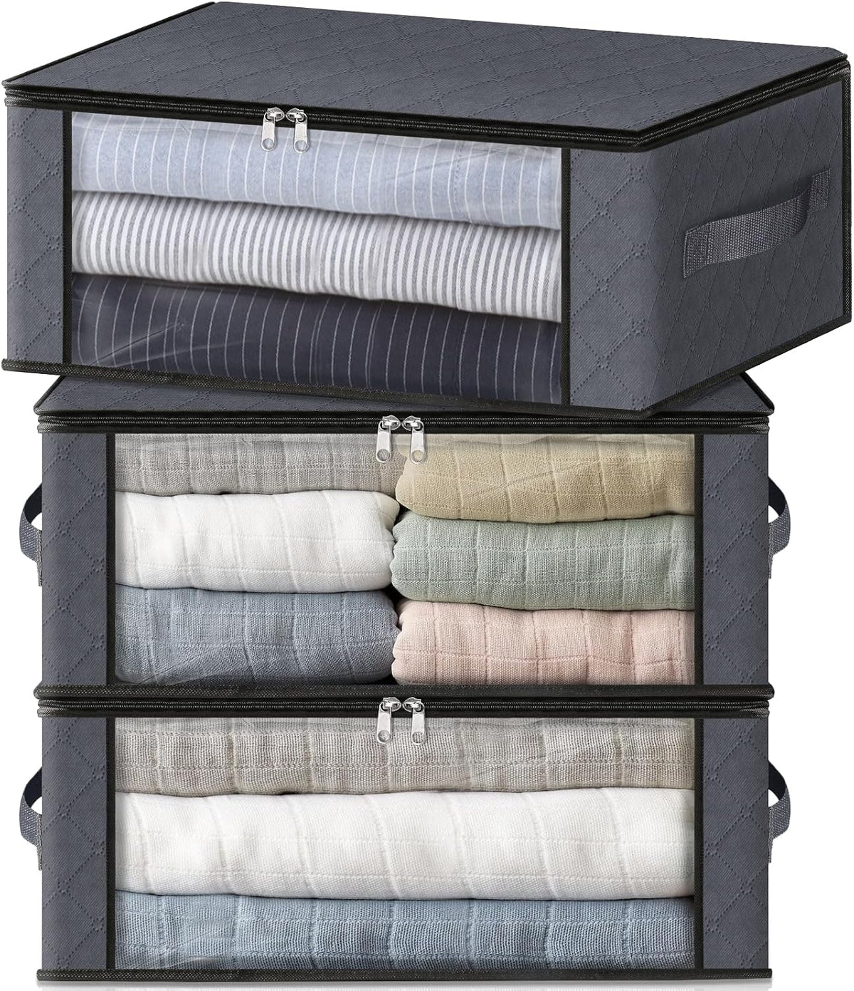 Homehacks 3-Pack Clothes Organizer Storage Bags, 35L Storage Bins, Gray