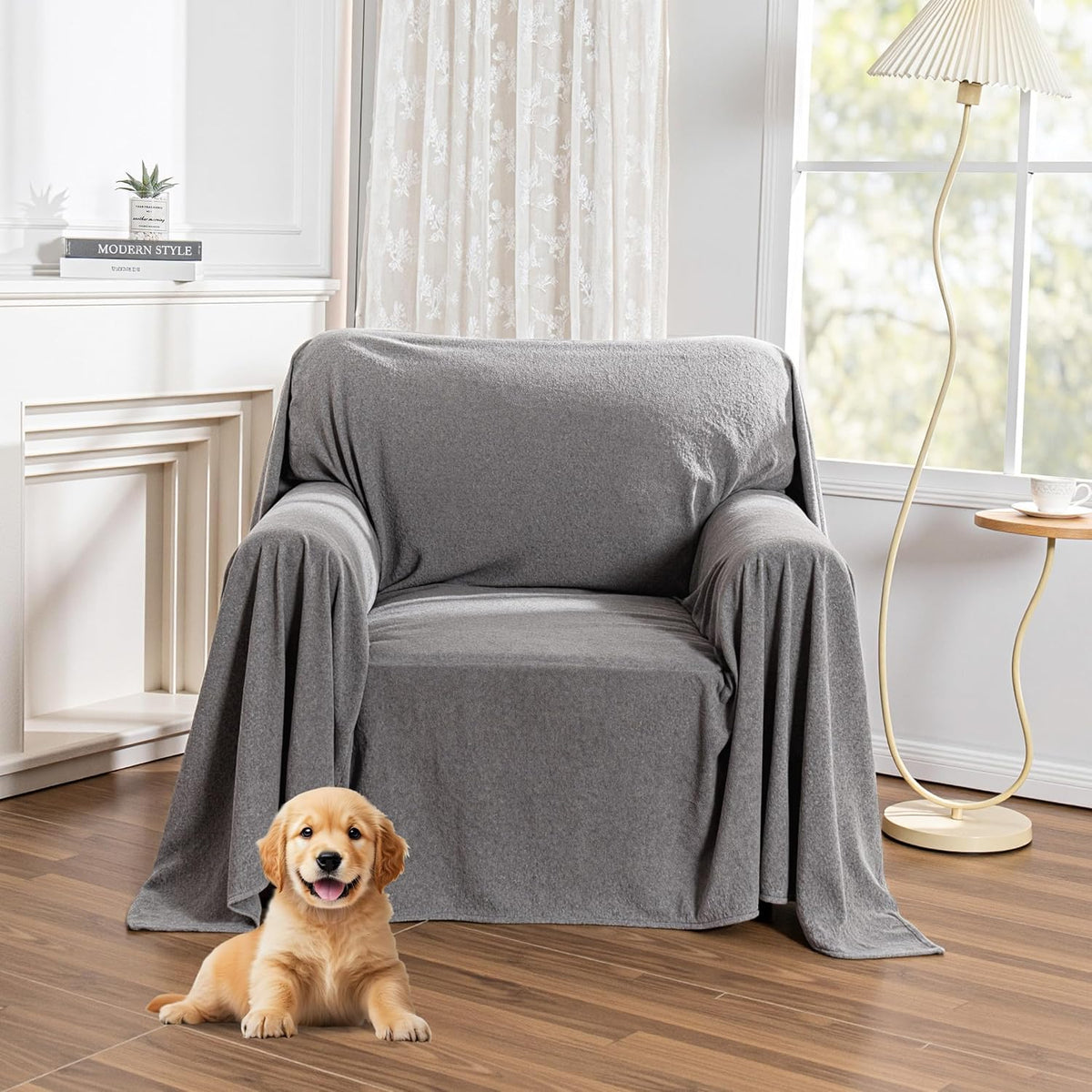 MYSKY HOME Chair Covers Armchair Couch Covers for Dogs Washable Sofa Covers, Non Slip Soft Recliner Cover Pet Chair Cover Sofa Slipcover Furniture Protector with Tassel Throws, 71"X91", Dark Grey