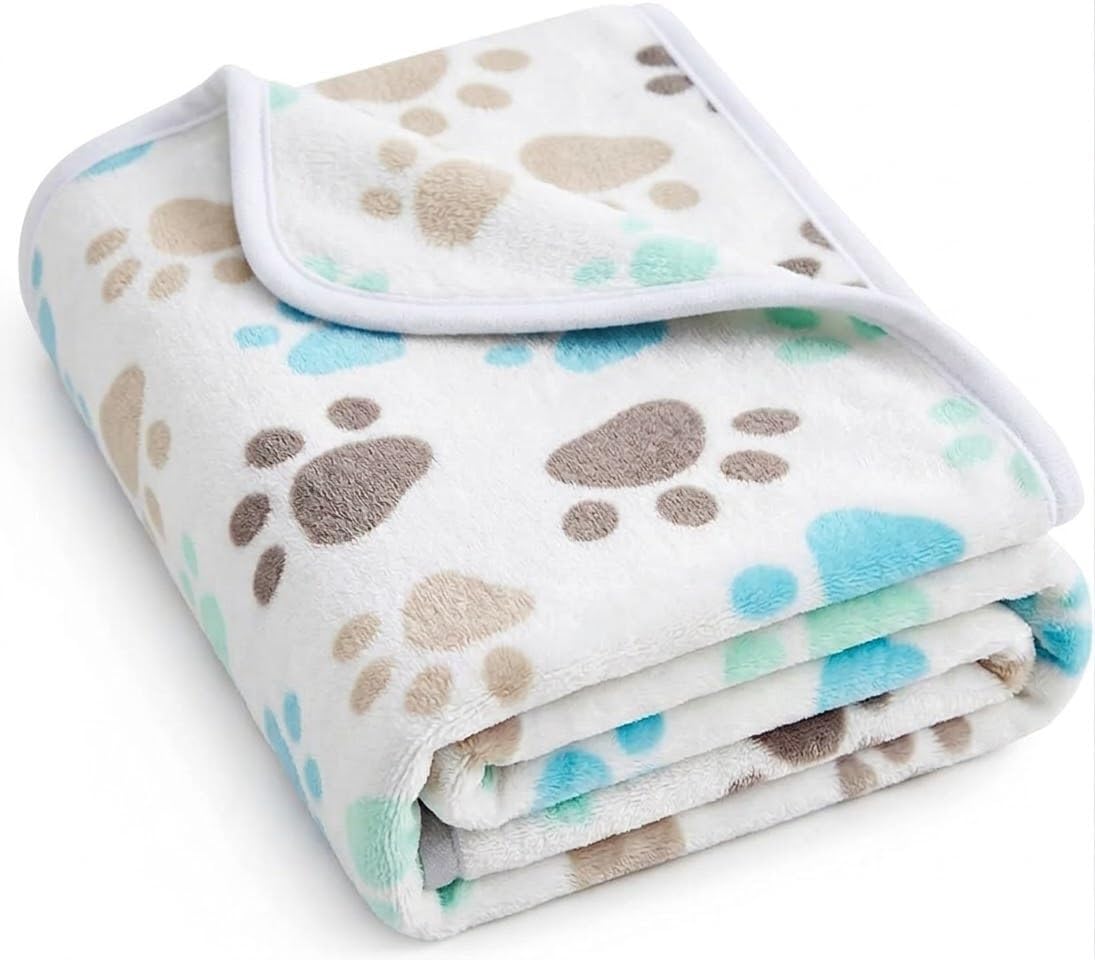 CADONO Fluffy Premium Flannel Dog Blanket Washable Paw Printed Throw for Small Medium Large Dog Cat(30"X20" White)