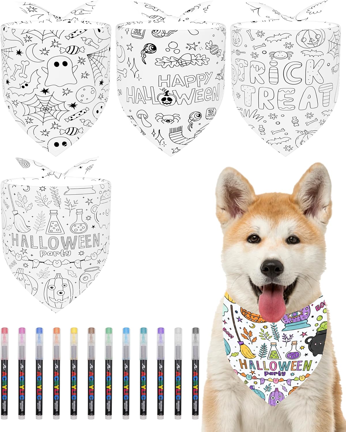 PET SHOW 4 Pack DIY Coloring Halloween Dog Bandanas with 12 Acrylic Markers