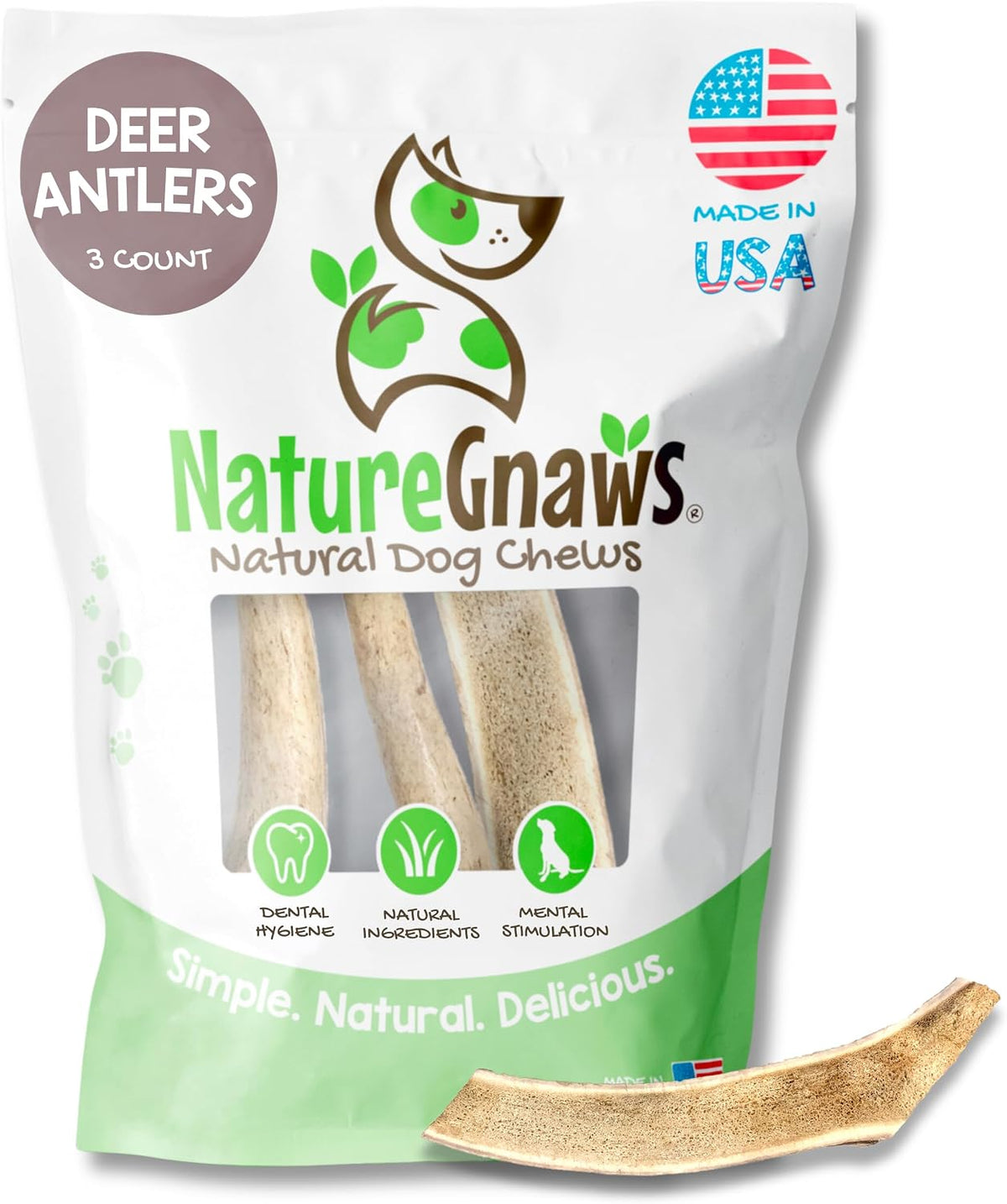 Nature Gnaws USA Deer Antlers 4-7" Dog Chews, 3 Count