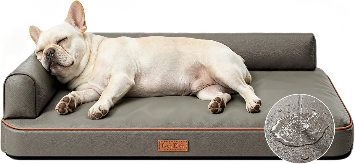 Outdoor Waterproof Dog Bed 31X21 In, Washable Faux Leather Crate Pad for Small to Medium Dogs up to 40 Lbs, Egg Crate Foam Bolster, Non-Slip, Grey