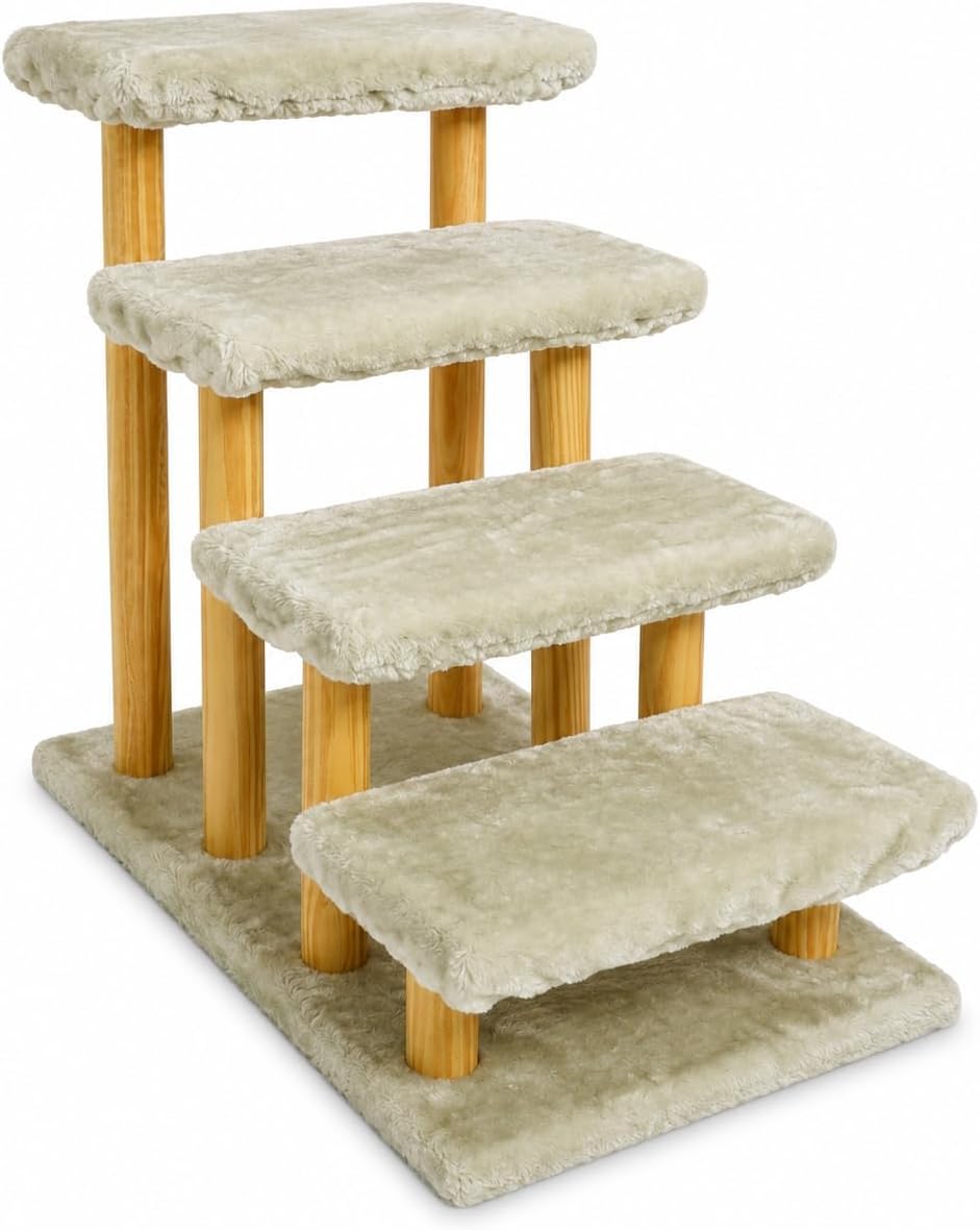 Pet Stair for Dogs and Cats, 4-Step Cat Stair with Soft Detachable Carpet, Wooden Pet Steps Ladder for Bed & Couch, Stable Dog Step Ramp for Small Dogs, Indoor Pet Furniture (Grey)