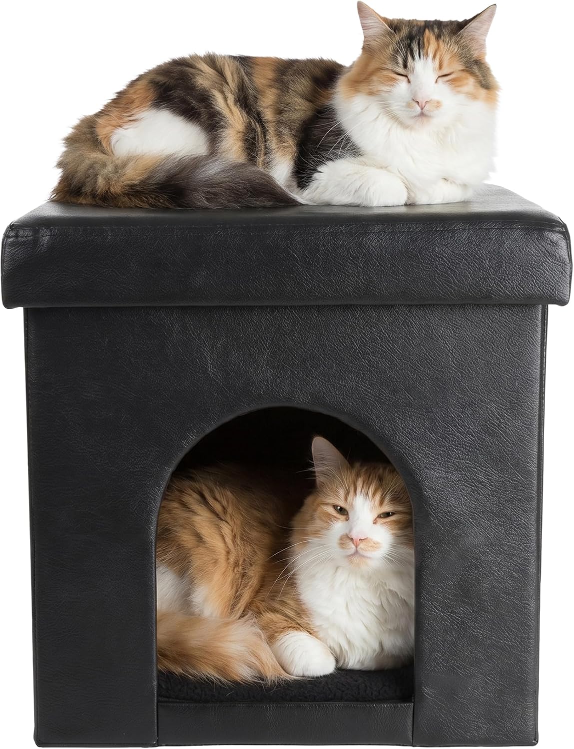 Cat House – Collapsible Multipurpose Small Dog or Cat Ottoman with Footrest, Cushioned Top, and Interior Pillow by PETMAKER (Black)