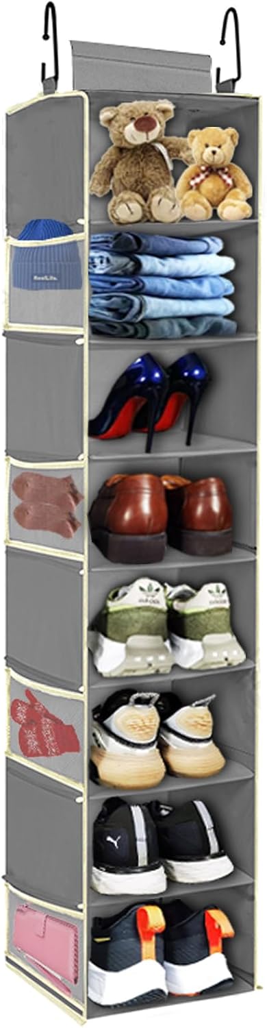 Large-Sized Hanging Shoe Organizer 8-Shelf, Hanging Closet Organizer with 8 Side Pockets, Wider Hanging Shelves for Storage Shoes Clothes 9" W × 11.8" D× 48" H, Grey