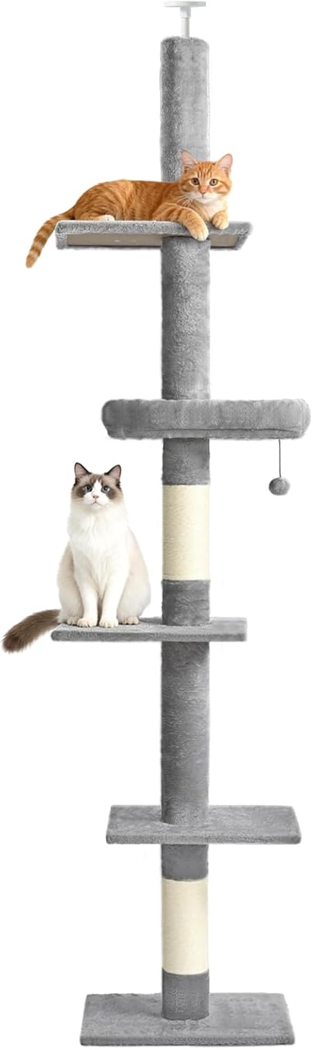 98-110" Adjustable Floor to Ceiling 5-Tier Cat Tree Tower, Light Gray