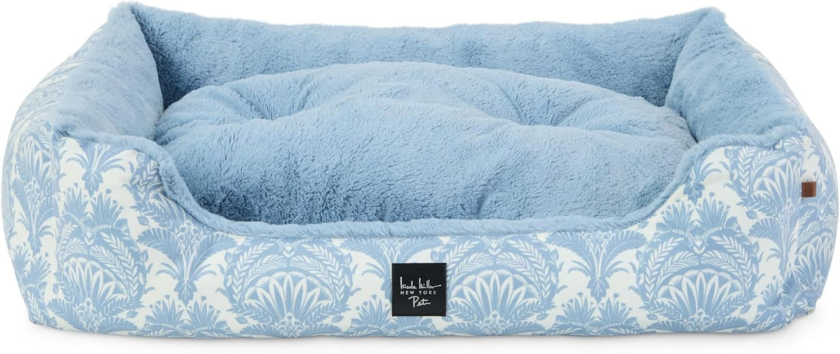 Nicole Miller New York PET Mod Damask Plushy Bolster Pet Bed, Cozy & Calming, Non-Slip Bottom, Machine Washable Cover, Blue, Large 35"X28"X8"