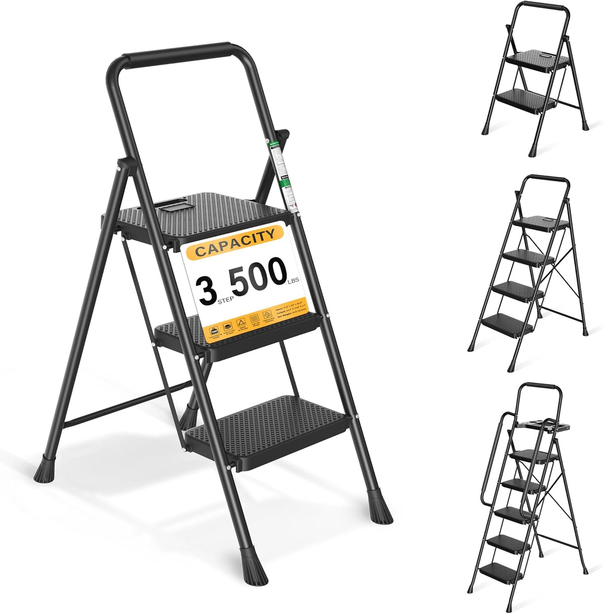 Arbusb Step Ladder, Folding Steel Ladder with Handrail & Wide Pedals