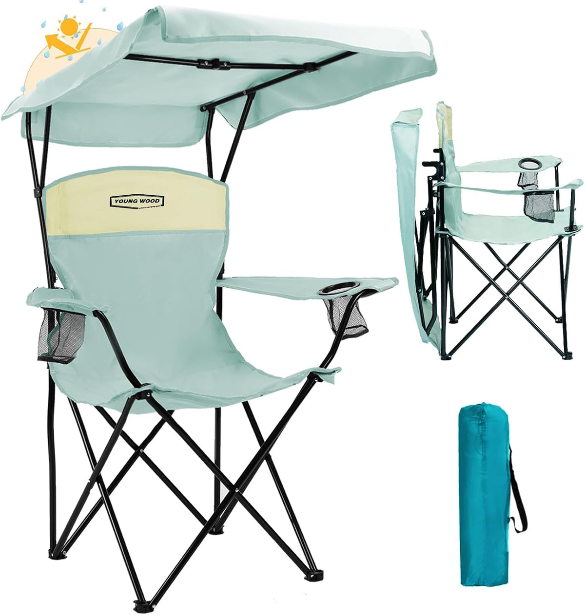 YOUNG WOOD Camping Chair with Canopy, Beach Chair with Shade,Portable,Lightweight Oversized for All, Easy to Open and Close without Installation, Side Pocket Design for All Outdoor Activities,Blue
