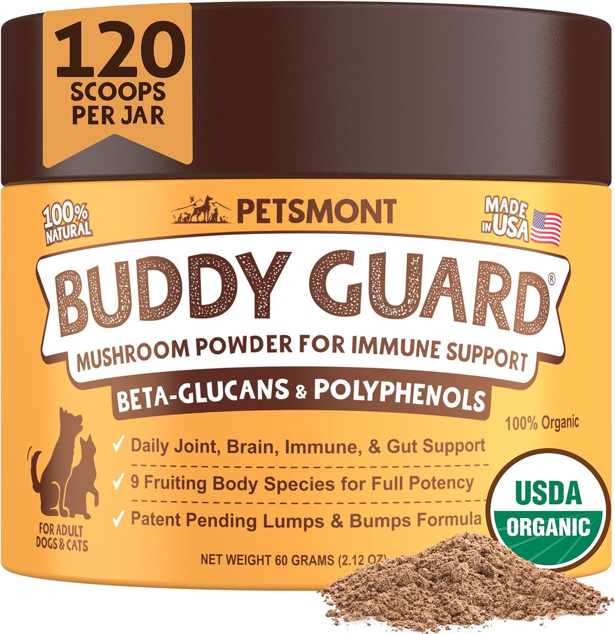 Petsmont Buddy Guard for Lumps and Bumps, Lipoma for Dogs & Cats, Patent Pending Organic 9 Mushroom Powder Blend Natural Dog Probiotic & Immune Support Chaga, Reishi, Lion'S Mane, Turkey Tail Mushroom