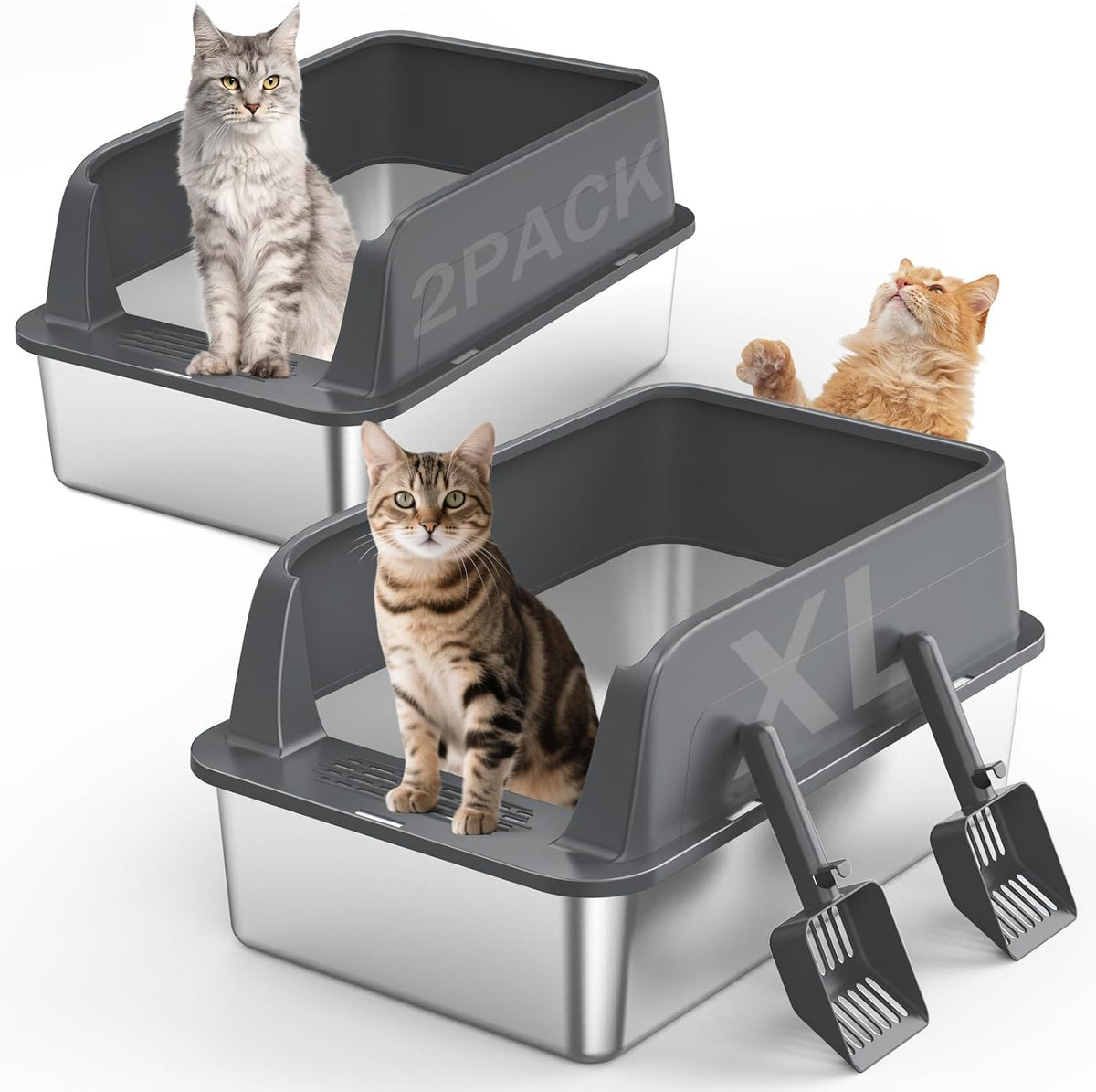 2PACK Stainless Steel Cat Litter Boxes XL Large Metal Pan Include Scoop