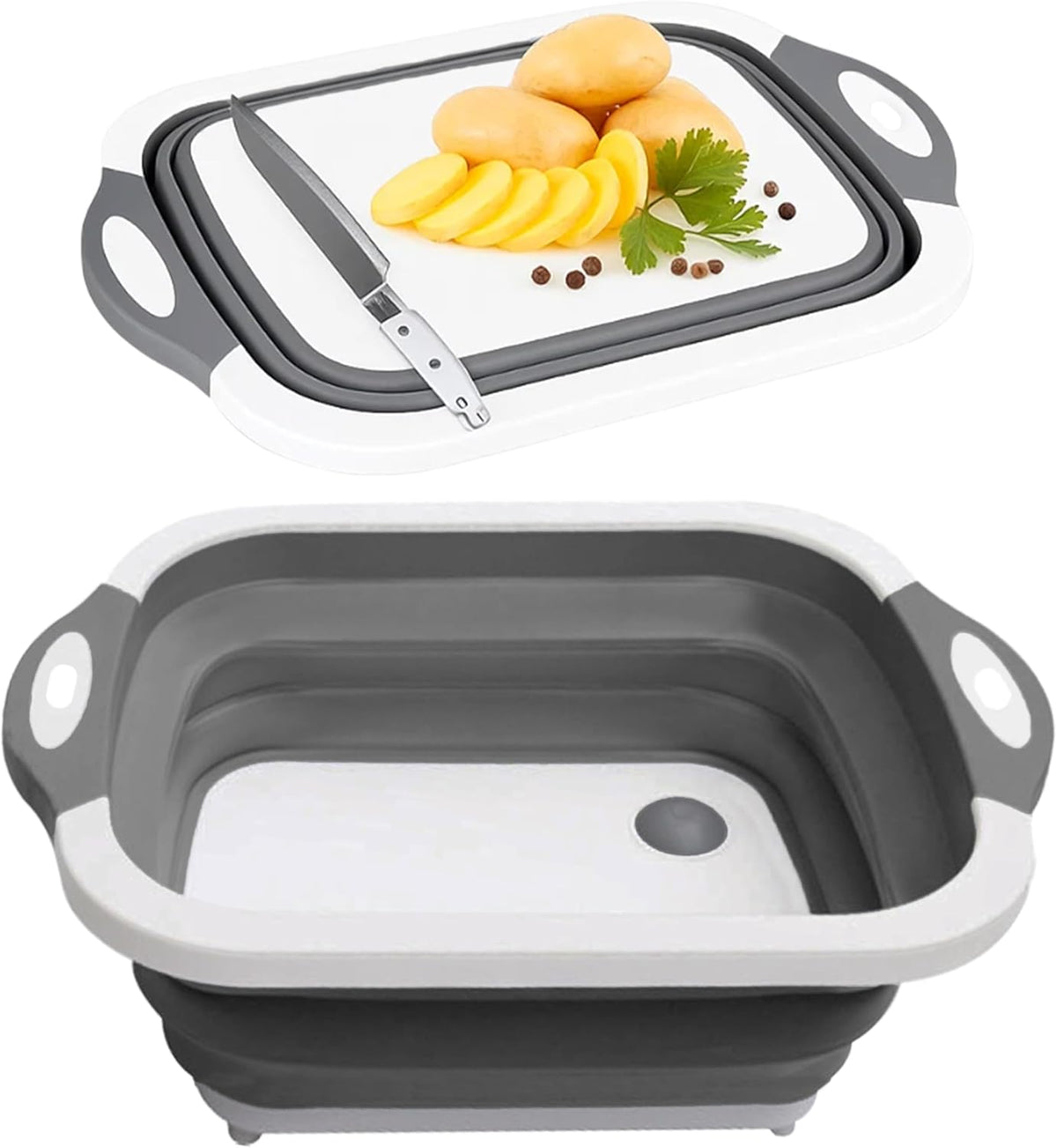 SSKT 3-In-1 Collapsible Cutting Board – Multifunctional Kitchen Sink Tub Basin with Drain, Chopping Board & Washing up Bowl – Space-Saving & Portable for Kitchen, Camping, RV, & Outdoor Use (Grey)