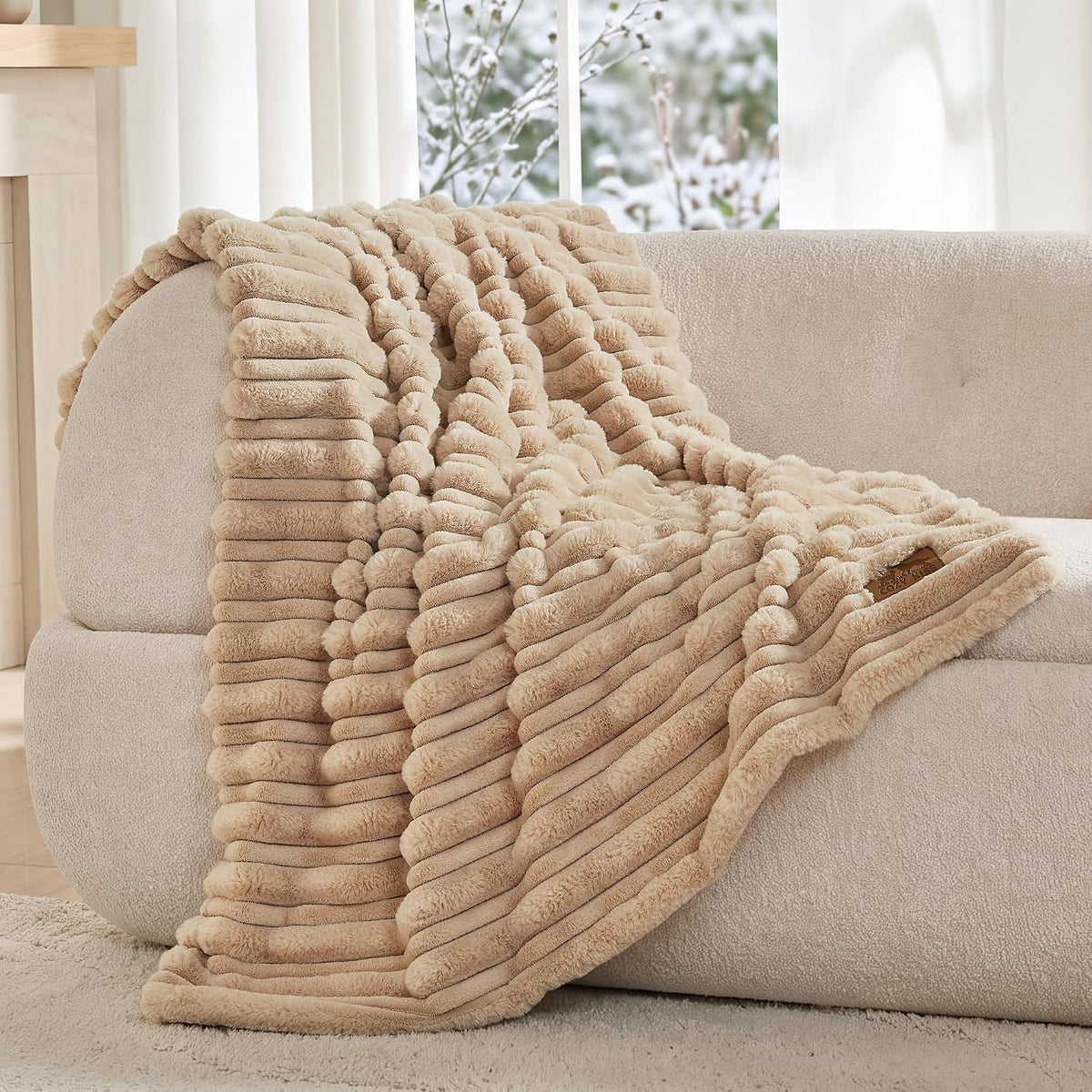 COZY KISS Waterproof Dog Blanket, Faux Fur Throw for Couch, 50"X60", Khaki