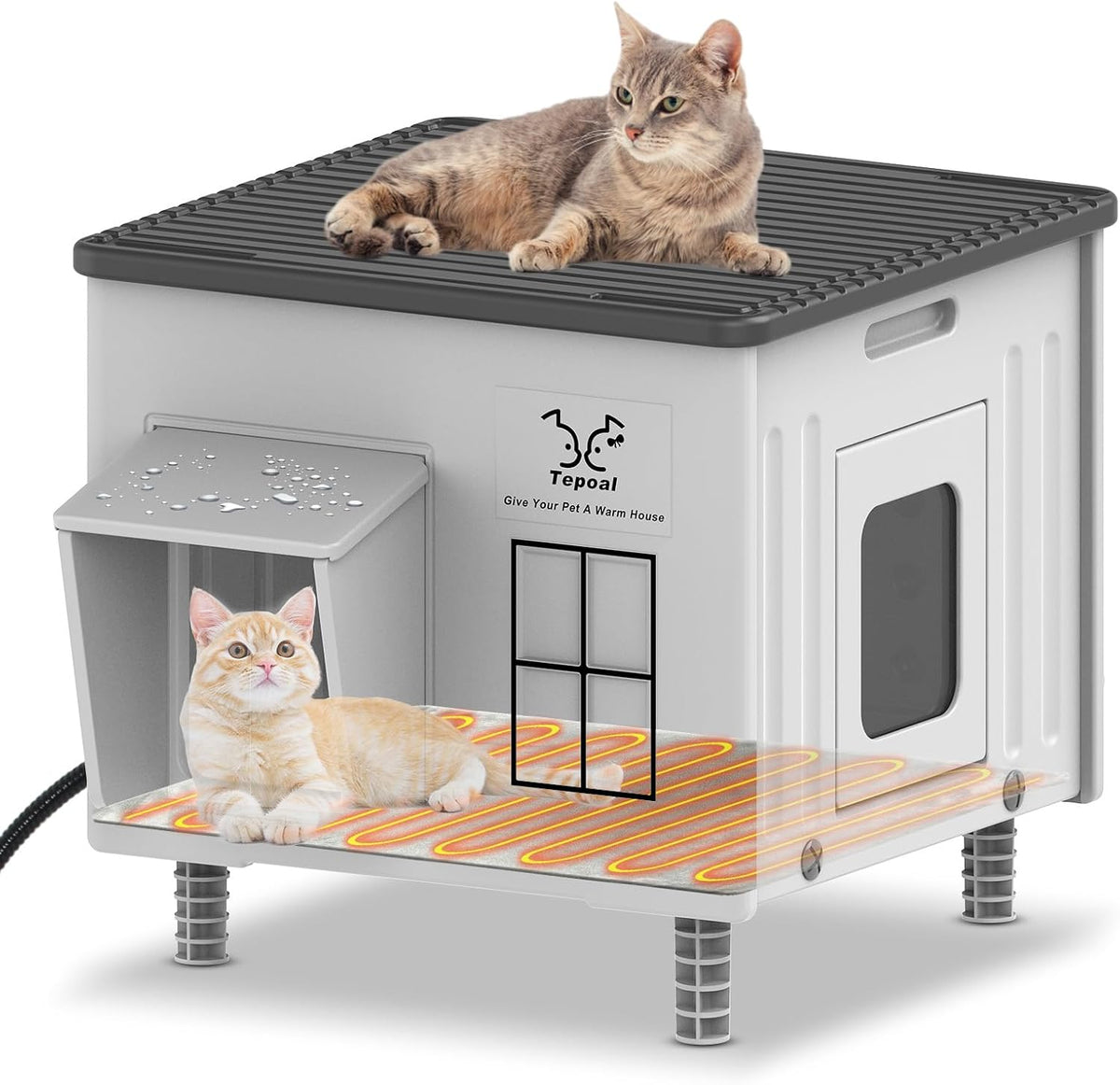 17.7"X17"X17.5" Indestructible Heated Cat House for outside Winter, Weatherproof outside Cats Shelter with Safety Escape Doors and Heating Pads, Elevated Feral Cat House for Wild and Stray Cats