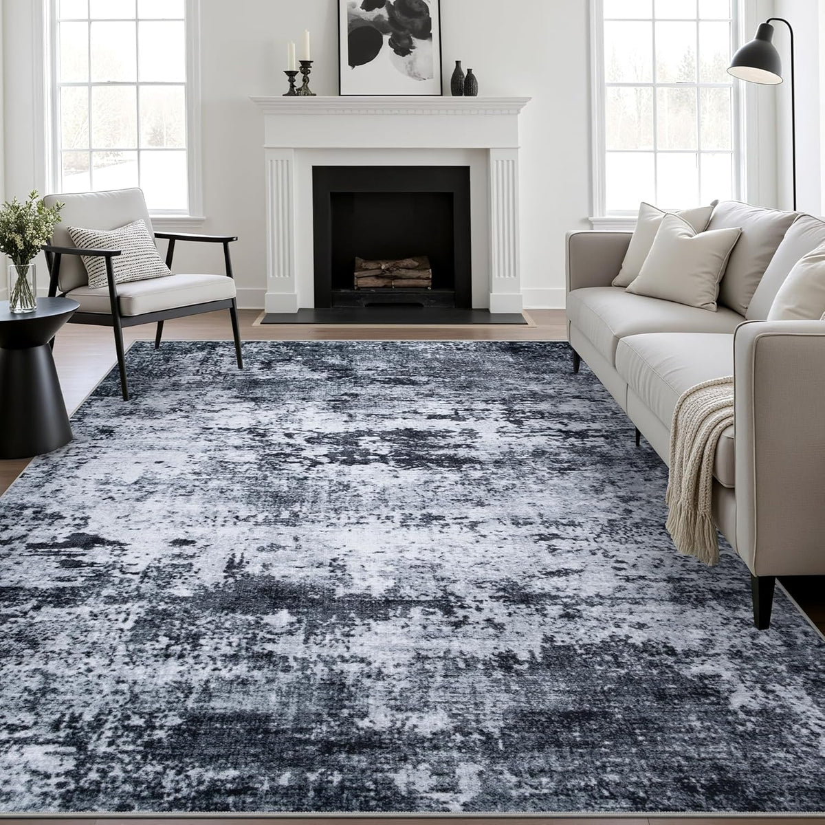 5X7 Area Rug Living Room: Modern Washable Indoor Carpet Black
