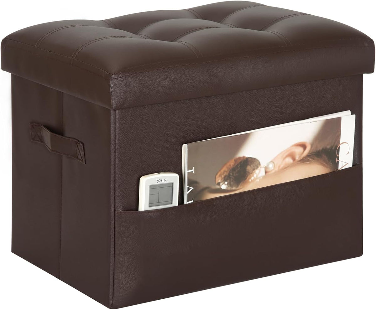 Ottoman with Storage, Folding Leather Foot Stools Ottoman for Dorm, Brown