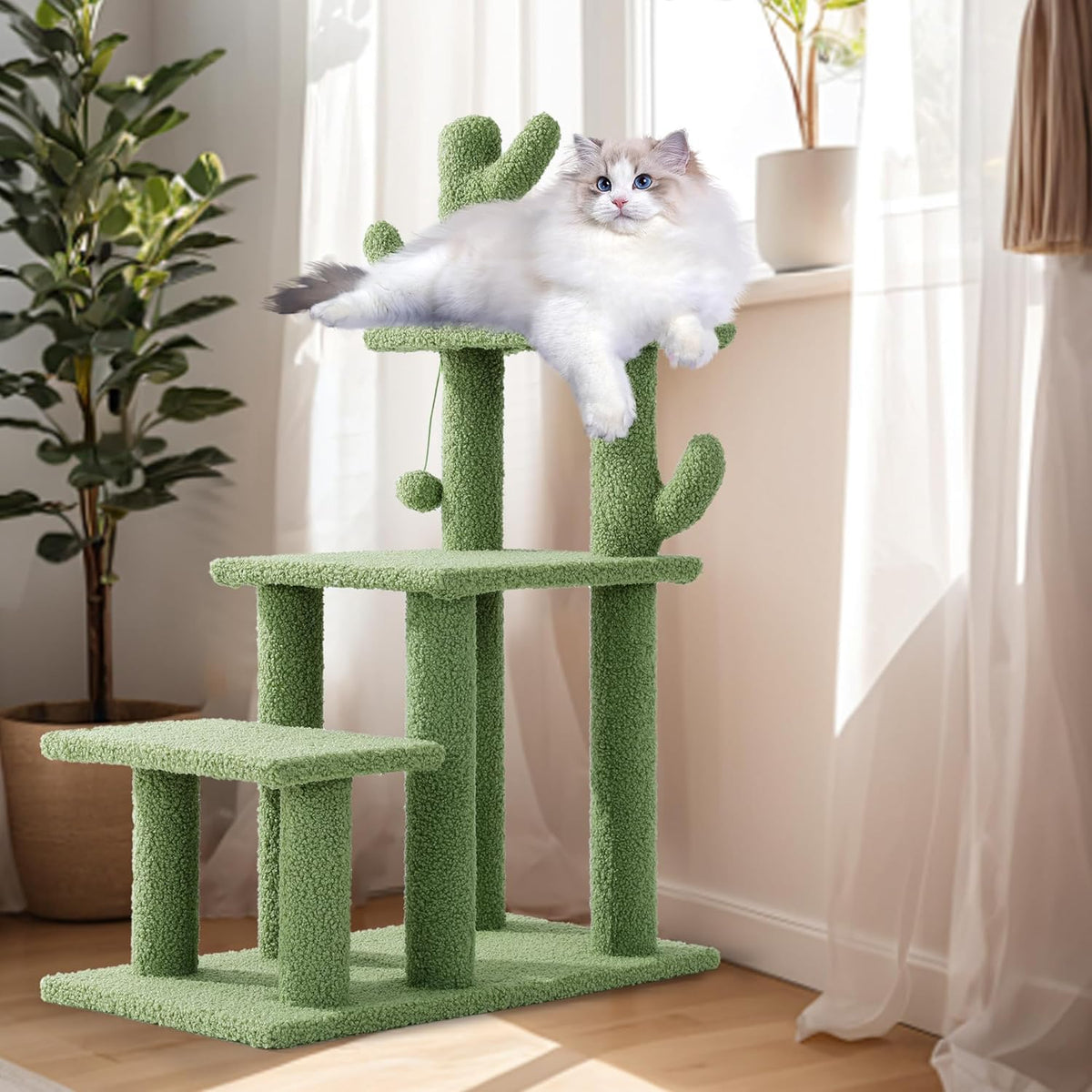 HOMBYS Cautus Cat Stairs for Old Cats & Dogs, Pet Steps for High Beds, Couch & Window,Vertical Cautus Green Cat Tree with Dangling Balls for Indoor Pets Climbing Playing, Holds up to 150 Lbs,