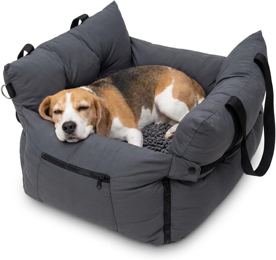 Muddy Mat® Cloud K-9 Travel Dog Bed for Small & Medium Dogs, Chenille Car Seat Bed with Bolster Sides & Safety Leash, Waterproof Washable Cover, Slip Resistant Travel & Home Pet Bed - Grey 16"X20"