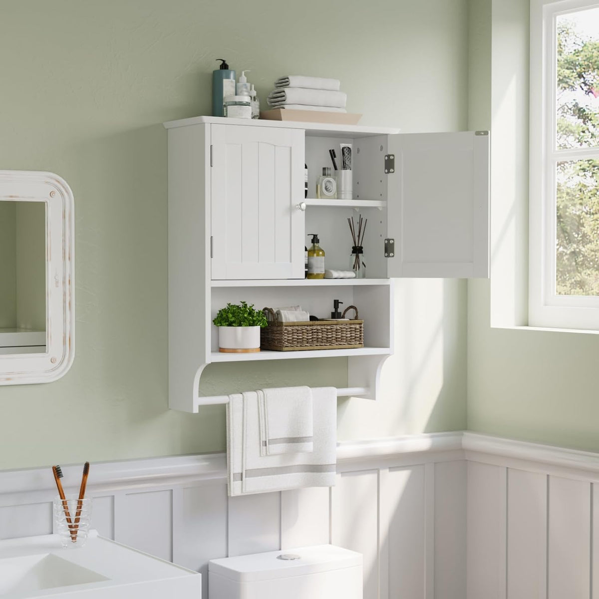 Smuxee White Bathroom Cabinet Wall Mounted with Towels Bar, Bathroom Medicine Cabinet with 2 Door Adjustable Shelves, over Toilet Cabinet for Bathroom Laundry Room Kitchen