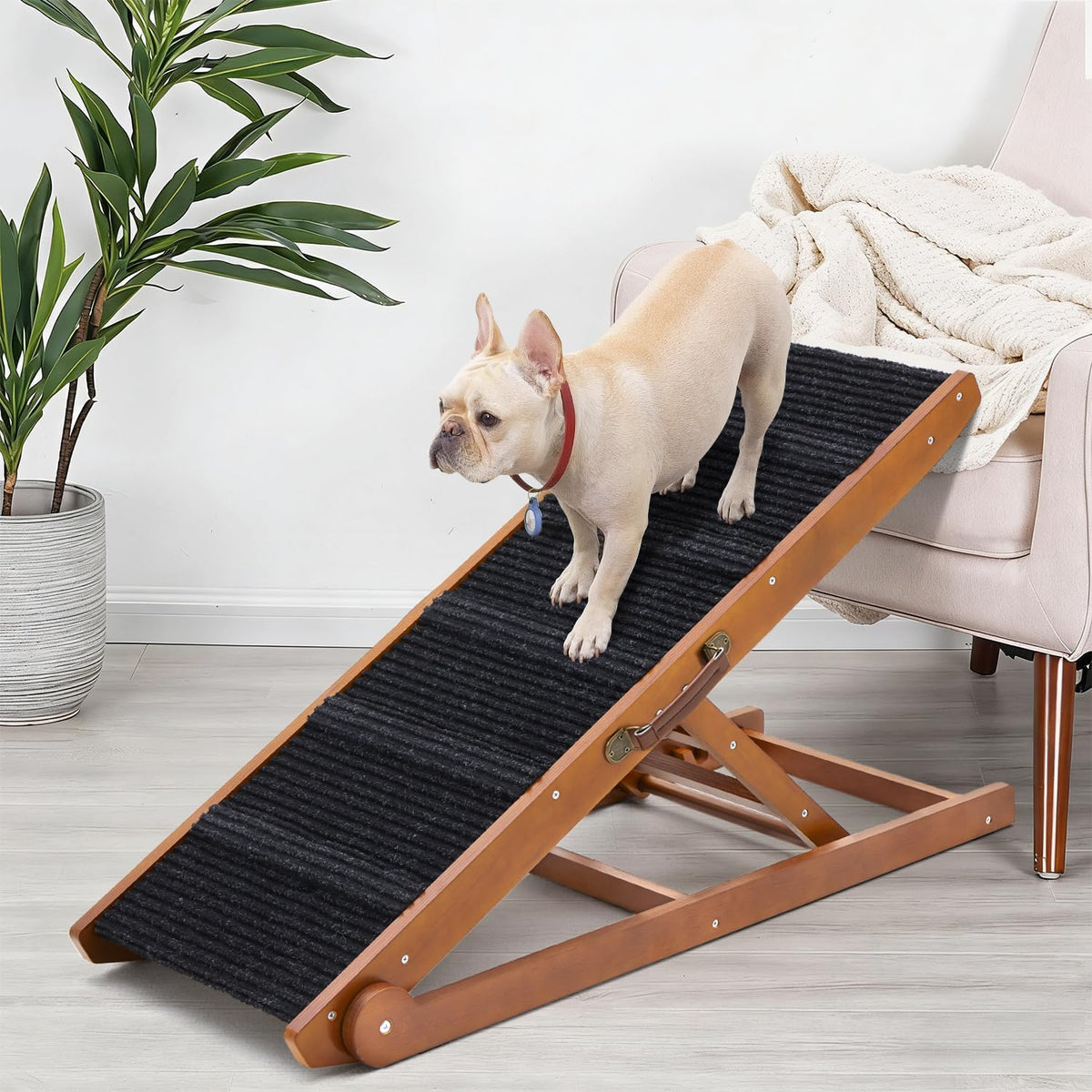Dog Ramp for Bed - Foldable Small to Large Dog Ramp for Couch - 6 Adjustable Height from 12" to 24" - Stairs with High Traction Mat - Wooden Portable Ramp for Dogs to Get on Bed Couch Car up to 200LBS