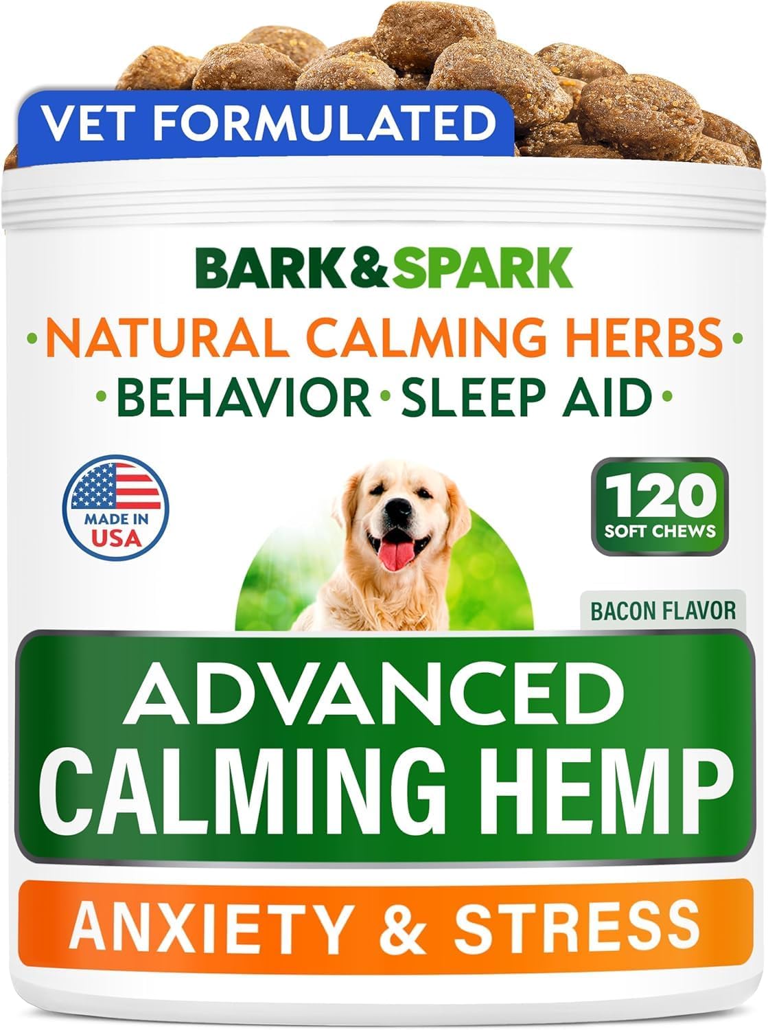 BARK&SPARK Advanced Calming Hemp Treats for Dogs - Hemp Oil + Melatonin - Anxiety Relief - Separation Aid - Stress Relief during Fireworks, Storms, Thunder - Aggressive Behavior, Barking - 120Ct BBQ