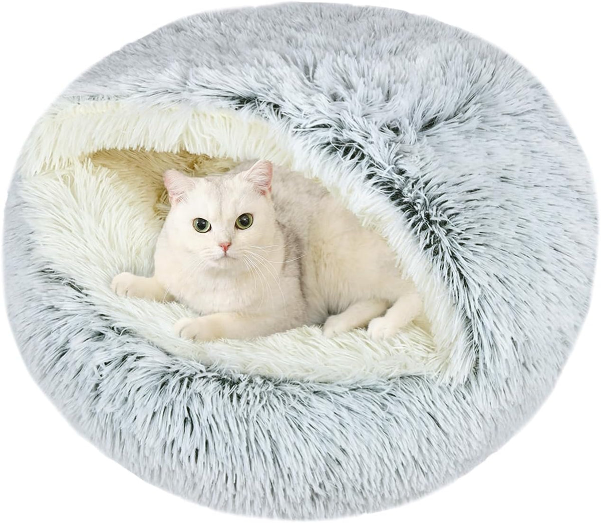 Round Cat Bed Washable, Calming Fluffy Cat Cave, 20 Inch, Grey