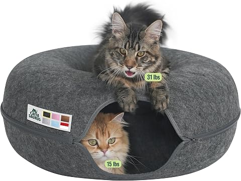 Large Cat Tunnel Bed for Indoor Cats with 3 Toys, Scratch Resistant Donut Cat Bed, up to 30 Lbs (L 24X24X11, Dark Grey)