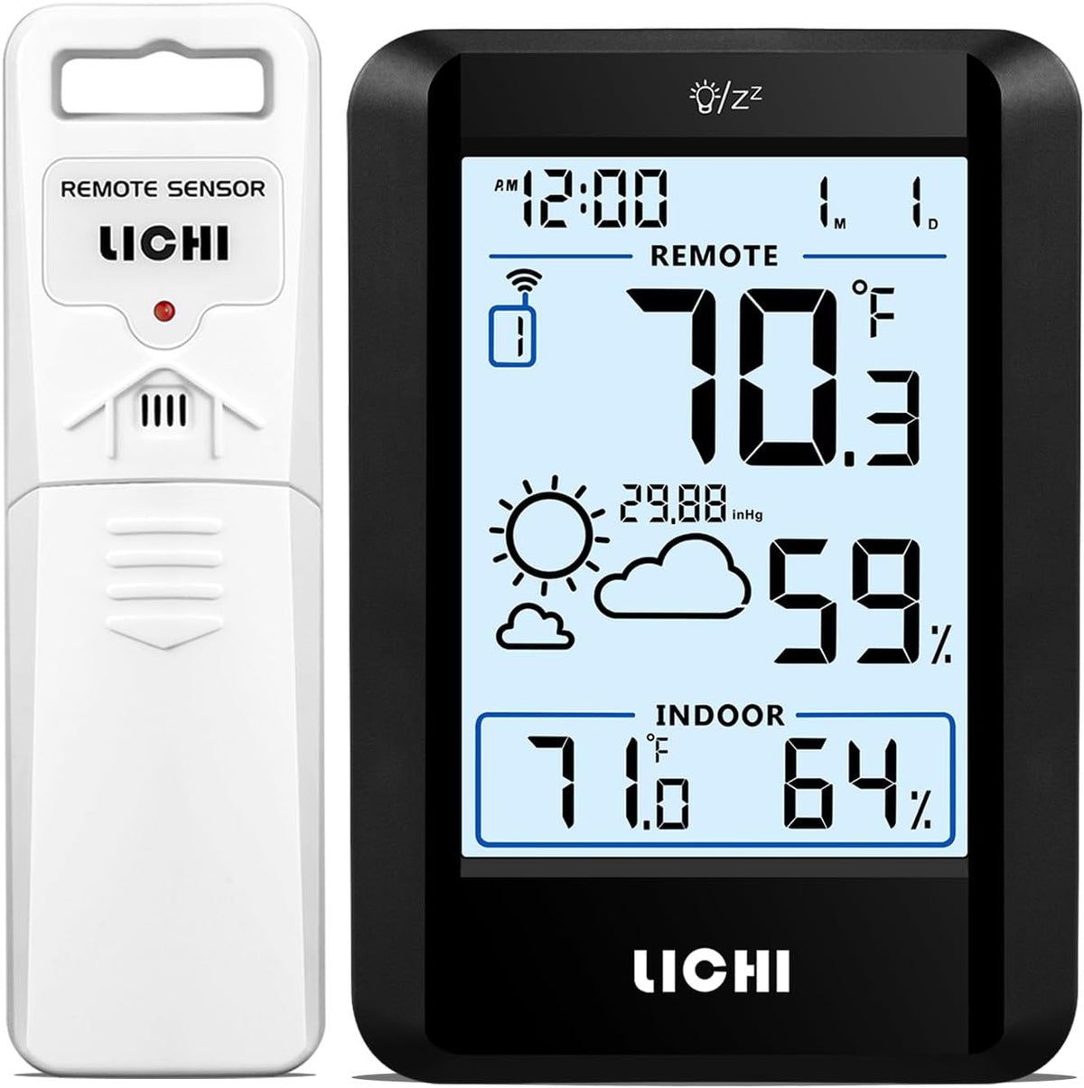 LICHI Indoor Outdoor Thermometer Wireless Weather Stations, with 330Ft Range Remote Sensor, Battery Powered inside and outside Temperature Humidity Monitor with Backlight Display, Black