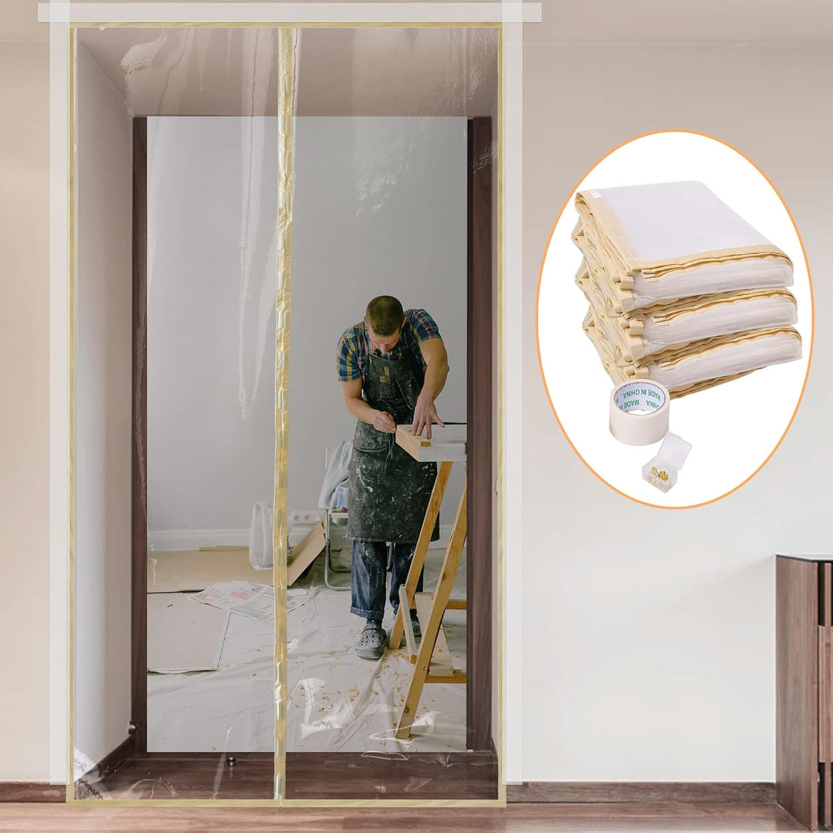 Magnetic Zippered Dust Barrier Door Cover - Fit Doorway 4'X7.5', 1 Pack