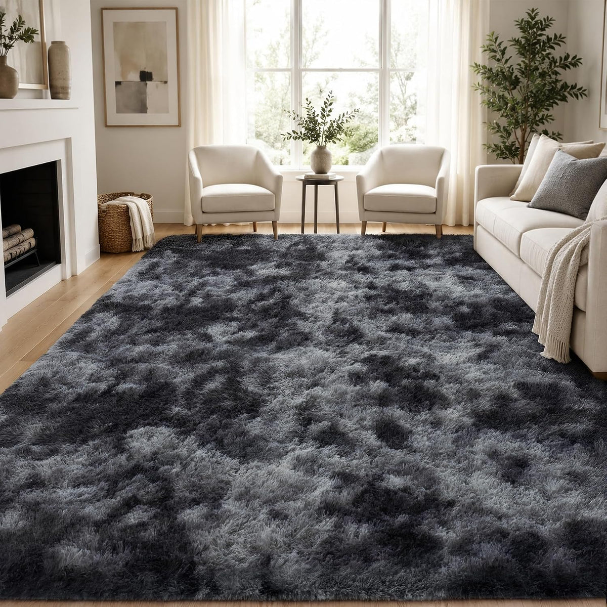 PLHXFR 8X10 Area Rugs Living Room: Fluffy Bedroom Soft Shag Rug Black Grey